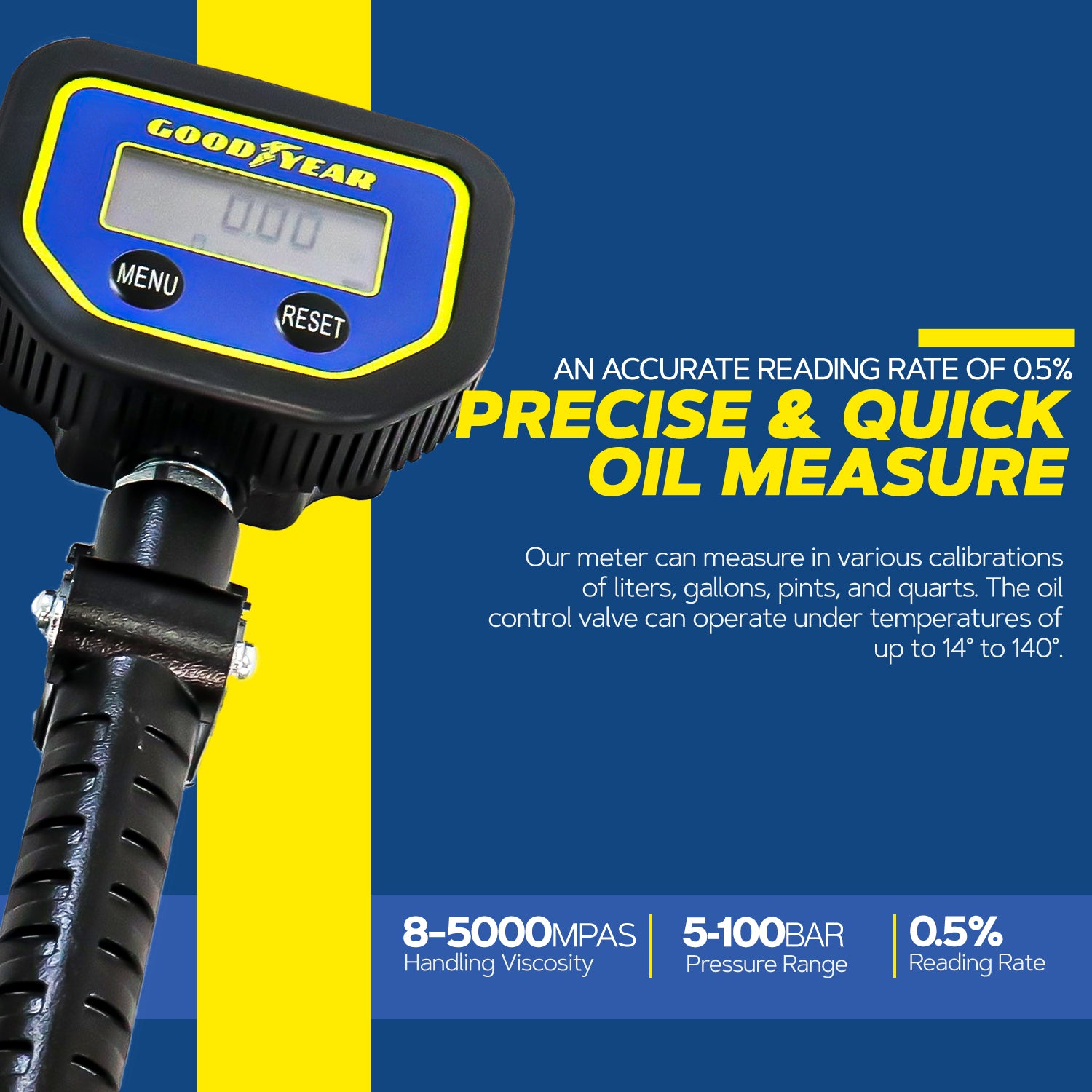 Goodyear Digital Oil Control Valve Meter Nozzle 9.2 GPM / 35 LPM 1/2" inch BSP Inlet Pressure Range 72.5-1500 Psi 5-100 Bar with Flexible Spout (Not for Gasoline)