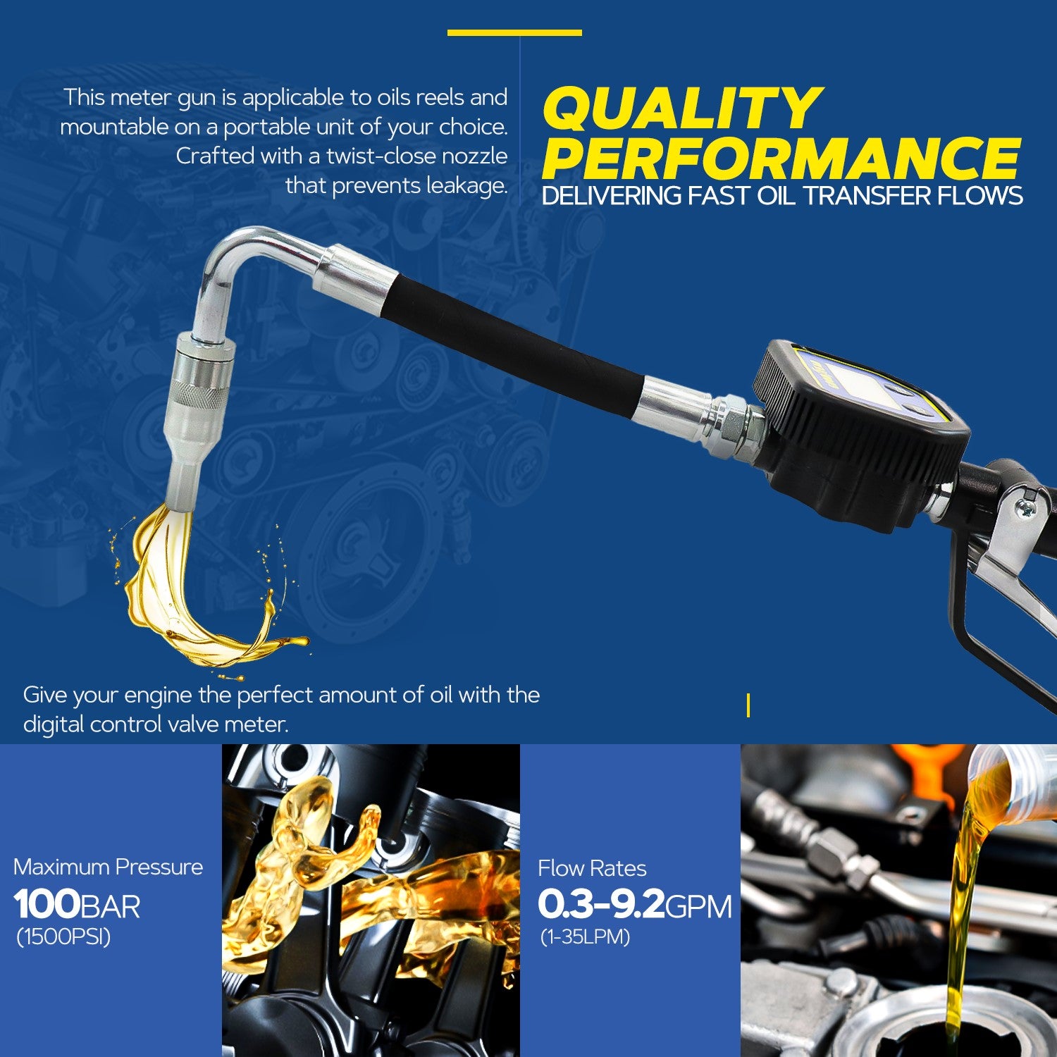 Goodyear Digital Oil Control Valve Meter Nozzle 9.2 GPM / 35 LPM 1/2" inch BSP Inlet Pressure Range 72.5-1500 Psi 5-100 Bar with Flexible Spout (Not for Gasoline)