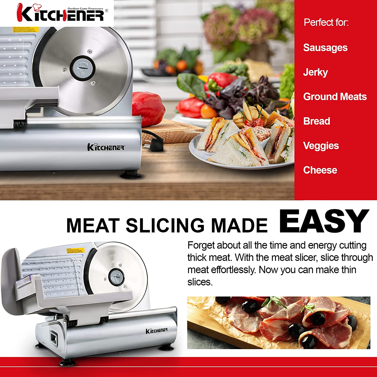Kitchener 7.5-inch (19 cm) Electric Meat Deli Cheese Food Slicer, Removable Stainless Steel Blade, 150W