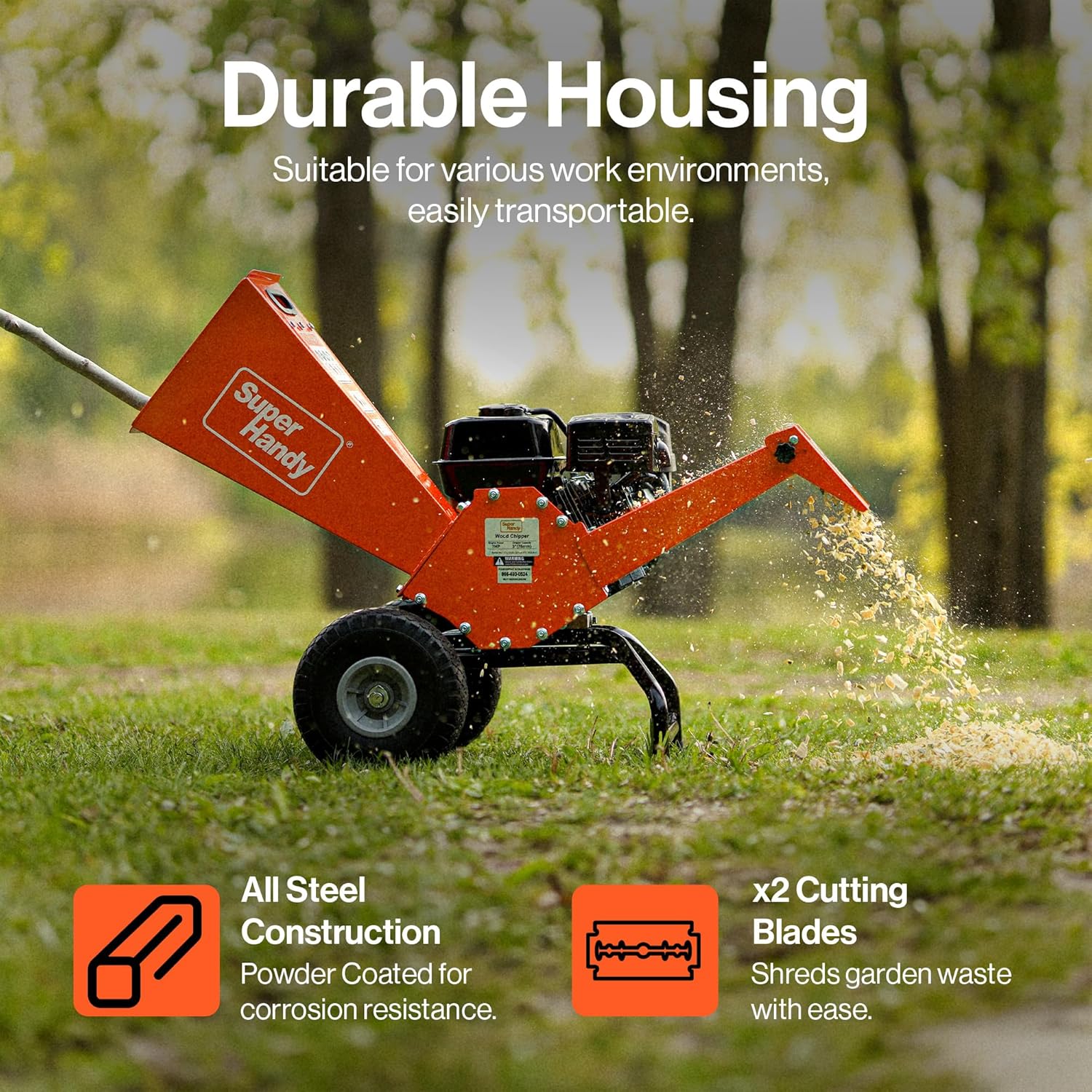 SuperHandy Wood Chipper Shredder Mulcher 196cc Motor Engine Heavy Duty Compact Rotor Assembly Design 5cm Max Capacity Aids in Fire Prevention and Building Firebreaks