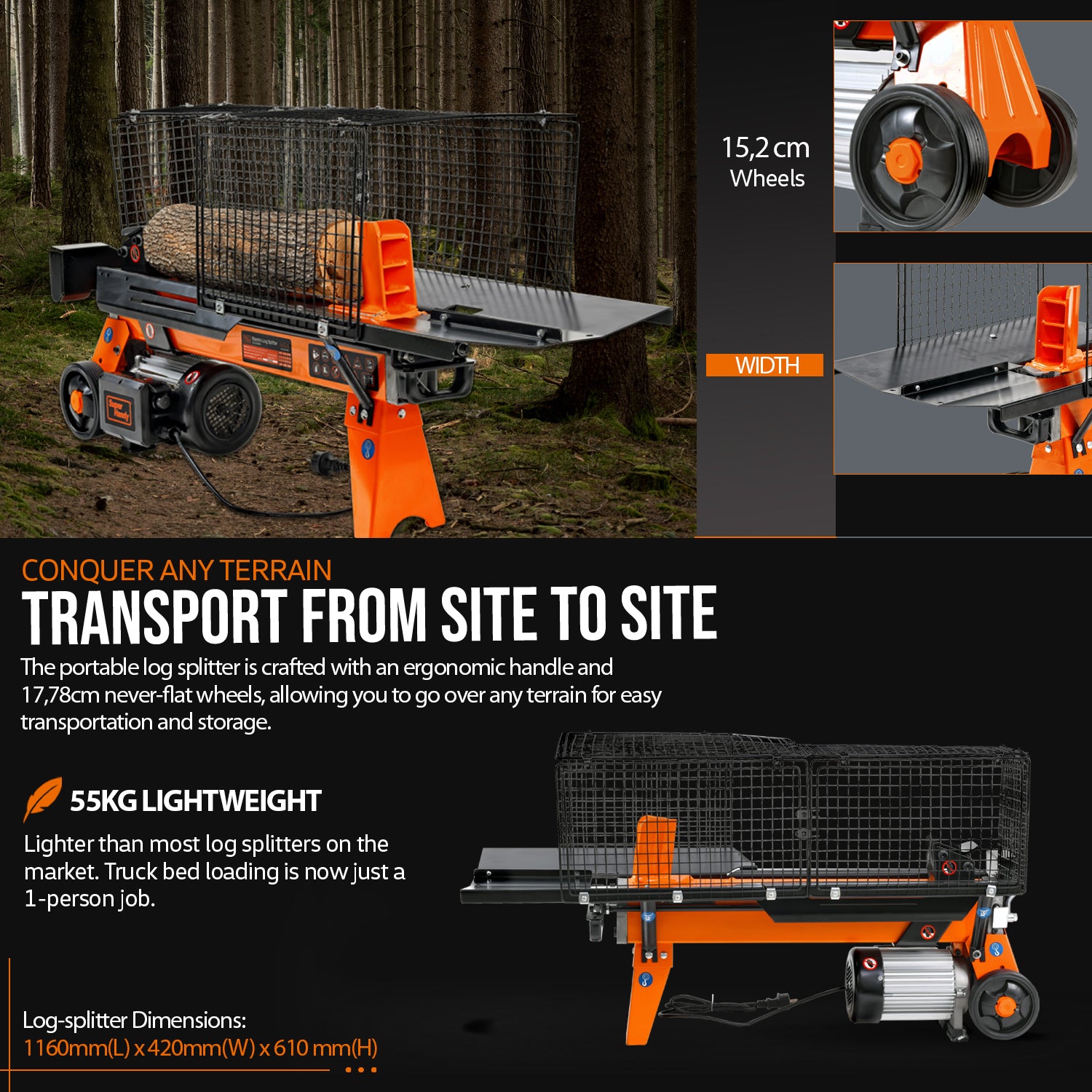 SuperHandy Log Splitter Electric Portable 6 Ton Ram System 9.6A 2200Watt Motor Horizontal Full Beam with Steel Wedge for Fire Wood Splitting Forestry