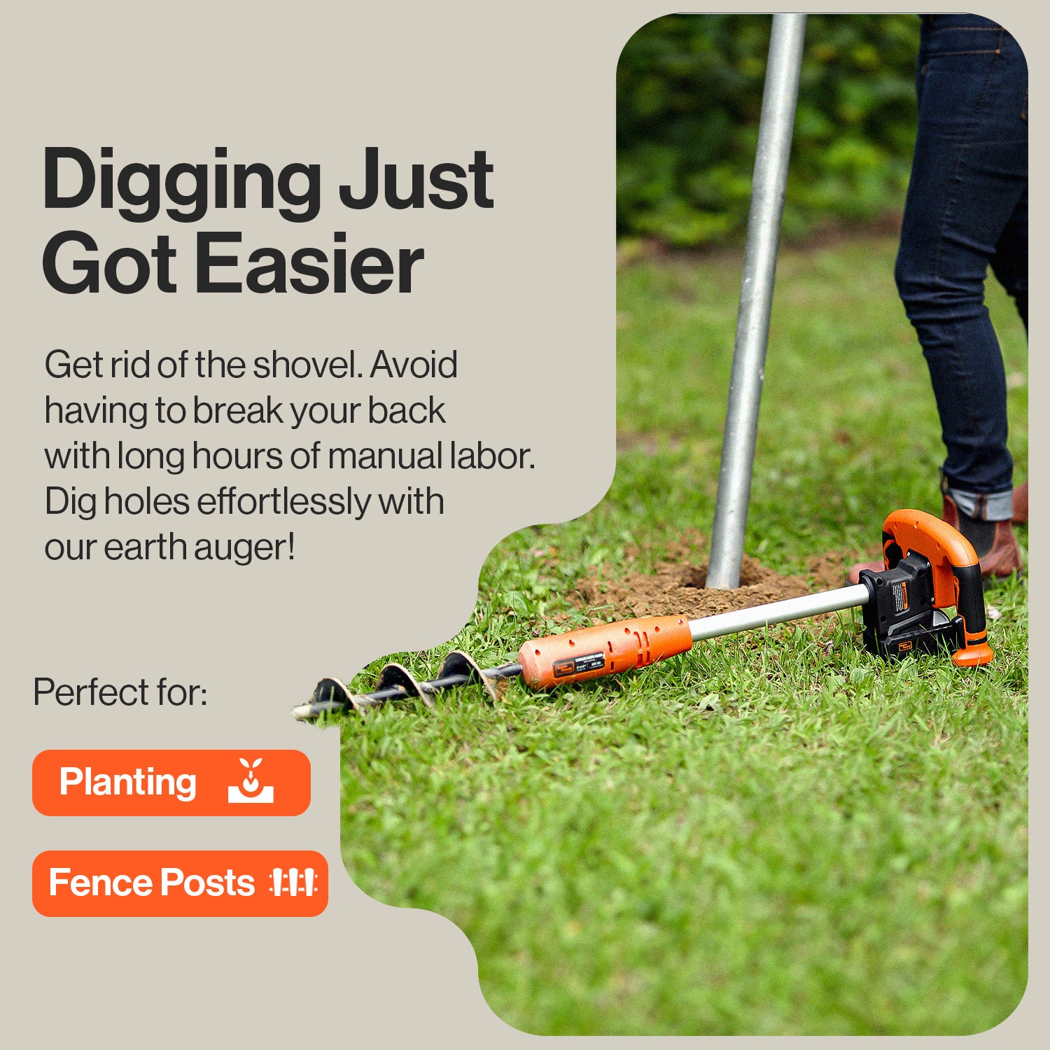 SuperHandy Earth Auger Electric Power Head w/ 30cm x 8cm Auger Bit 20V 4Ah Rechargeable Battery/Charger for Earth Burrowing/Drilling & Post Hole Digging