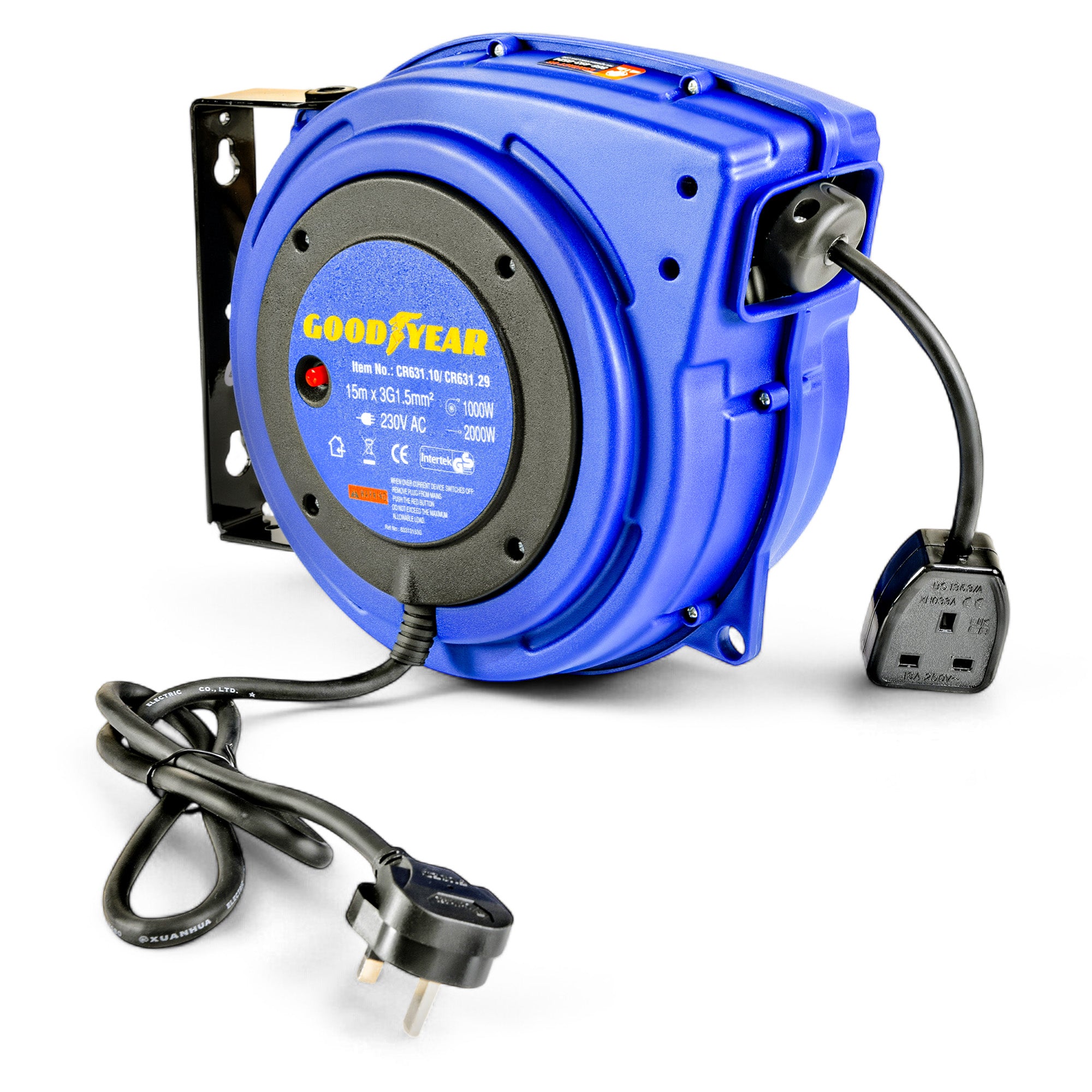 Goodyear Heavy Duty Extension Cable Reel: Retractable 15m x 3G1.5mm2 H07RN-F, UK Plug Type 230V AC, 8.6A 1000W Wound/2000W Unwound