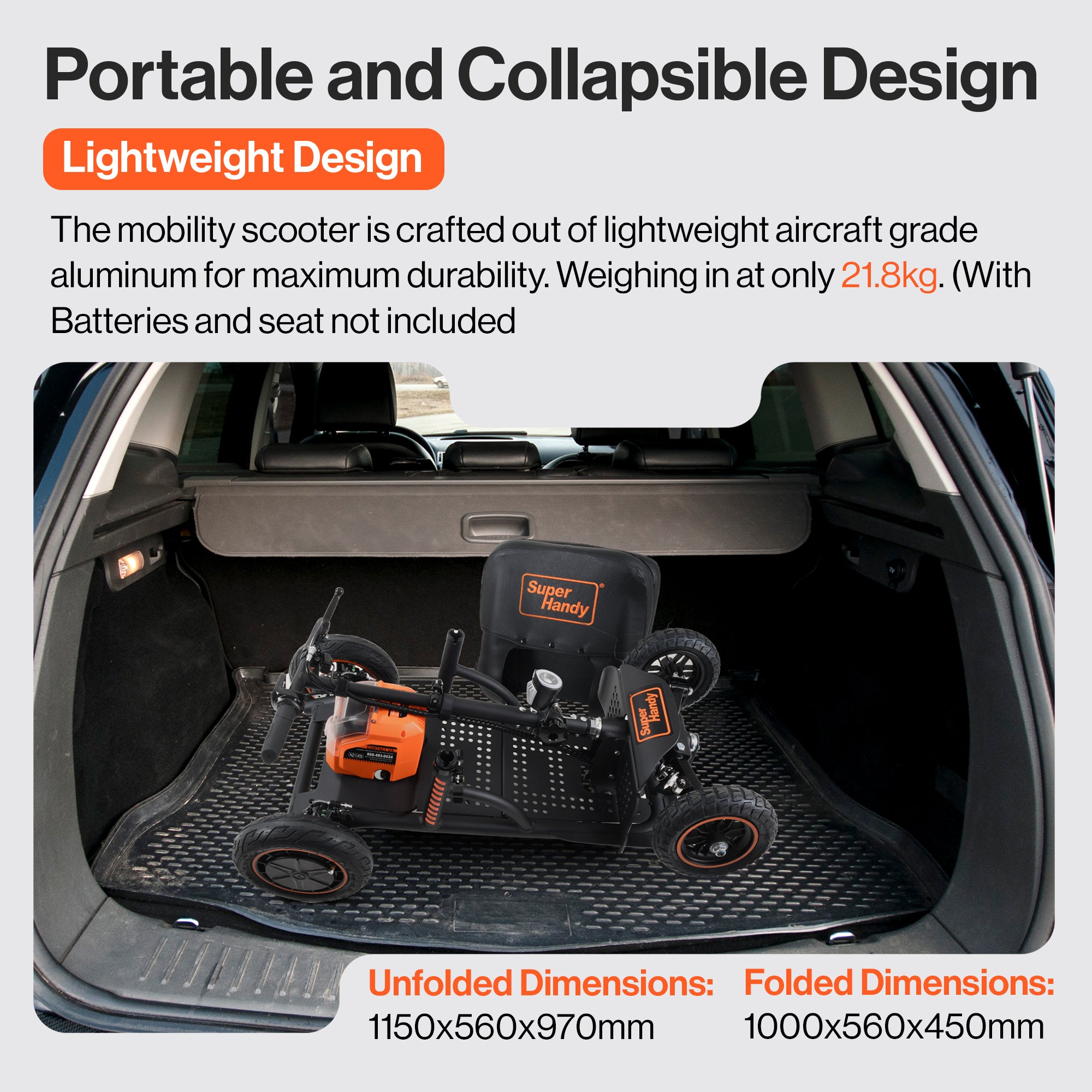 SuperHandy Portable Mobility Scooter Explorer – 4 Wheels, 500W Brushless Motor, Removable Battery, 159kg Capacity, 8km/h Top Speed, Lightweight Aluminum 21.8kg Frame [Patent Pending]