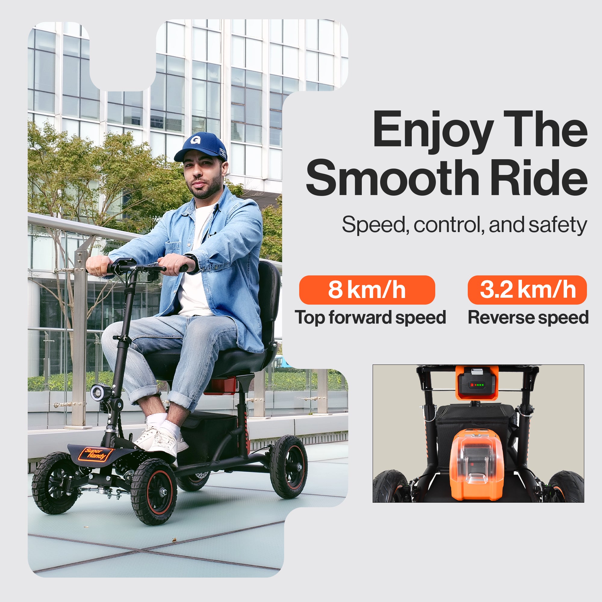 SuperHandy Portable Mobility Scooter Explorer – 4 Wheels, 500W Brushless Motor, Removable Battery, 159kg Capacity, 8km/h Top Speed, Lightweight Aluminum 21.8kg Frame [Patent Pending]