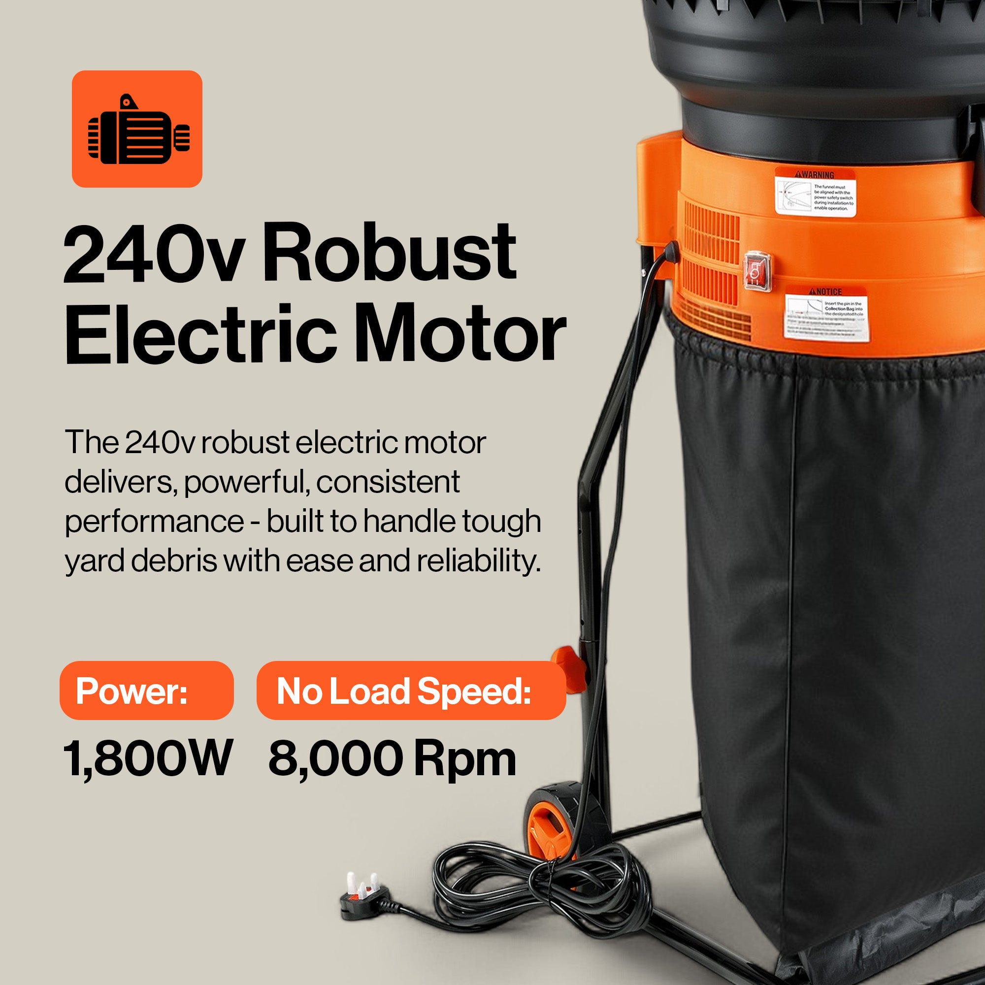 SuperHandy Electric Bladeless Mulcher & Shredder for Garden Leaves– 1800 W Motor, 50 cm Funnel, 16:1 Mulch Ratio, 80 L Collection Bag,600 cm Extension Cord，8.5 kg Lightweight Design