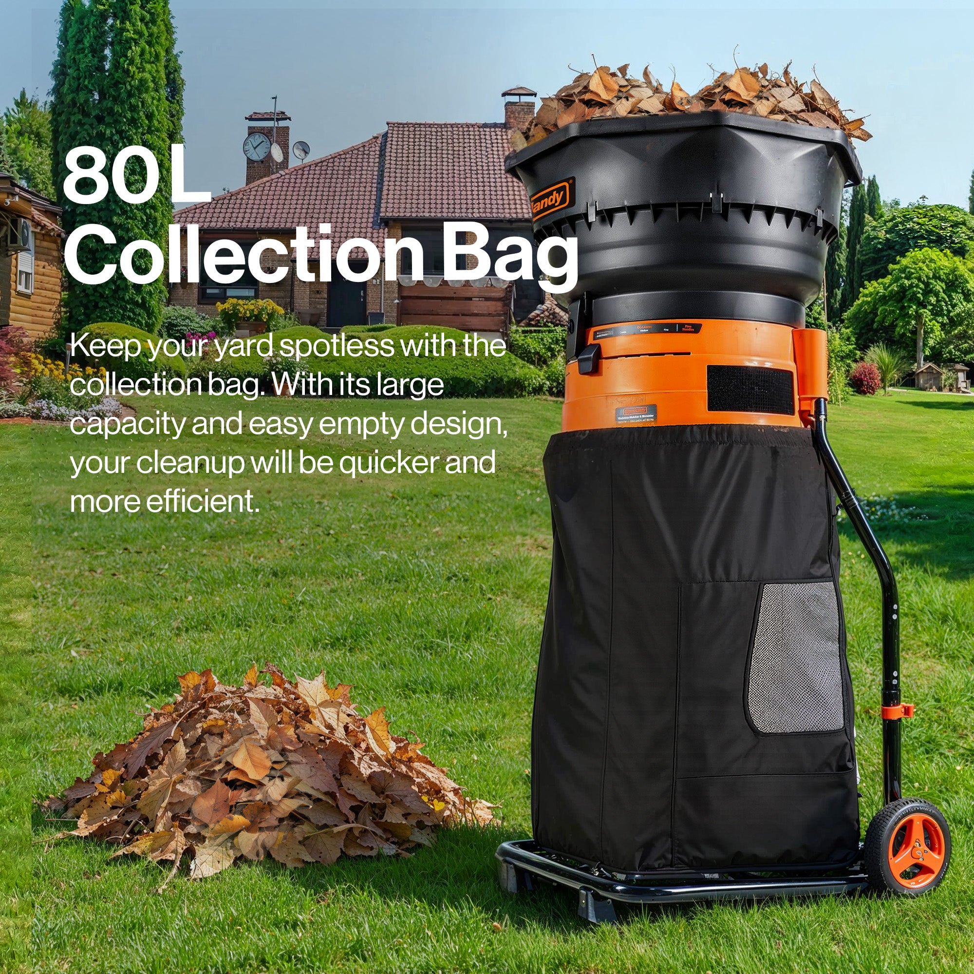 SuperHandy Electric Bladeless Mulcher & Shredder for Garden Leaves– 1800 W Motor, 50 cm Funnel, 16:1 Mulch Ratio, 80 L Collection Bag,600 cm Extension Cord，8.5 kg Lightweight Design
