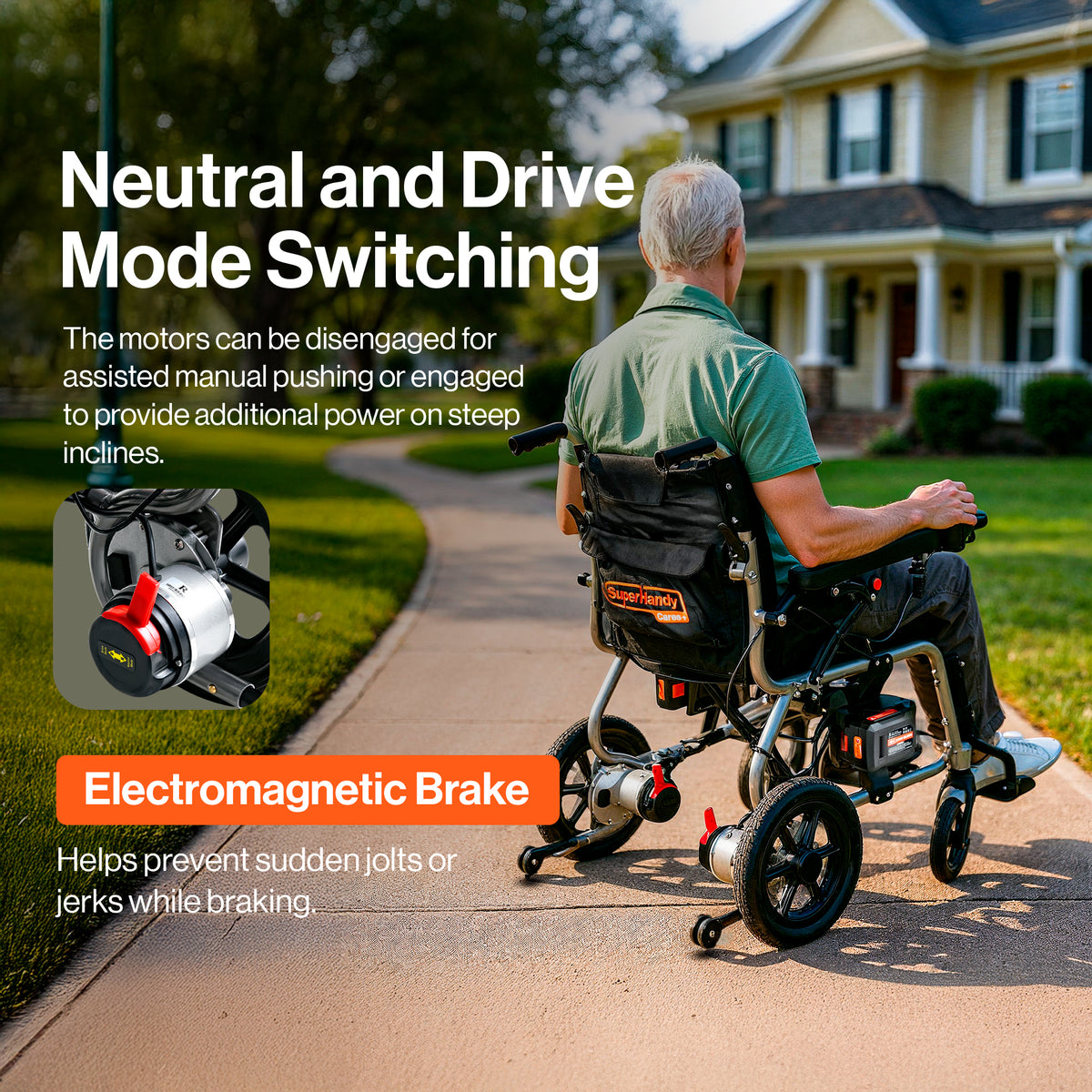 SuperHandy Electric Wheelchair- GoRide 2 Plus，Lightweight (19 kg), Foldable, 150 kg Capacity, Dual Brushless Motors, Zero Turn, Electromagnetic Brake, Portable Design