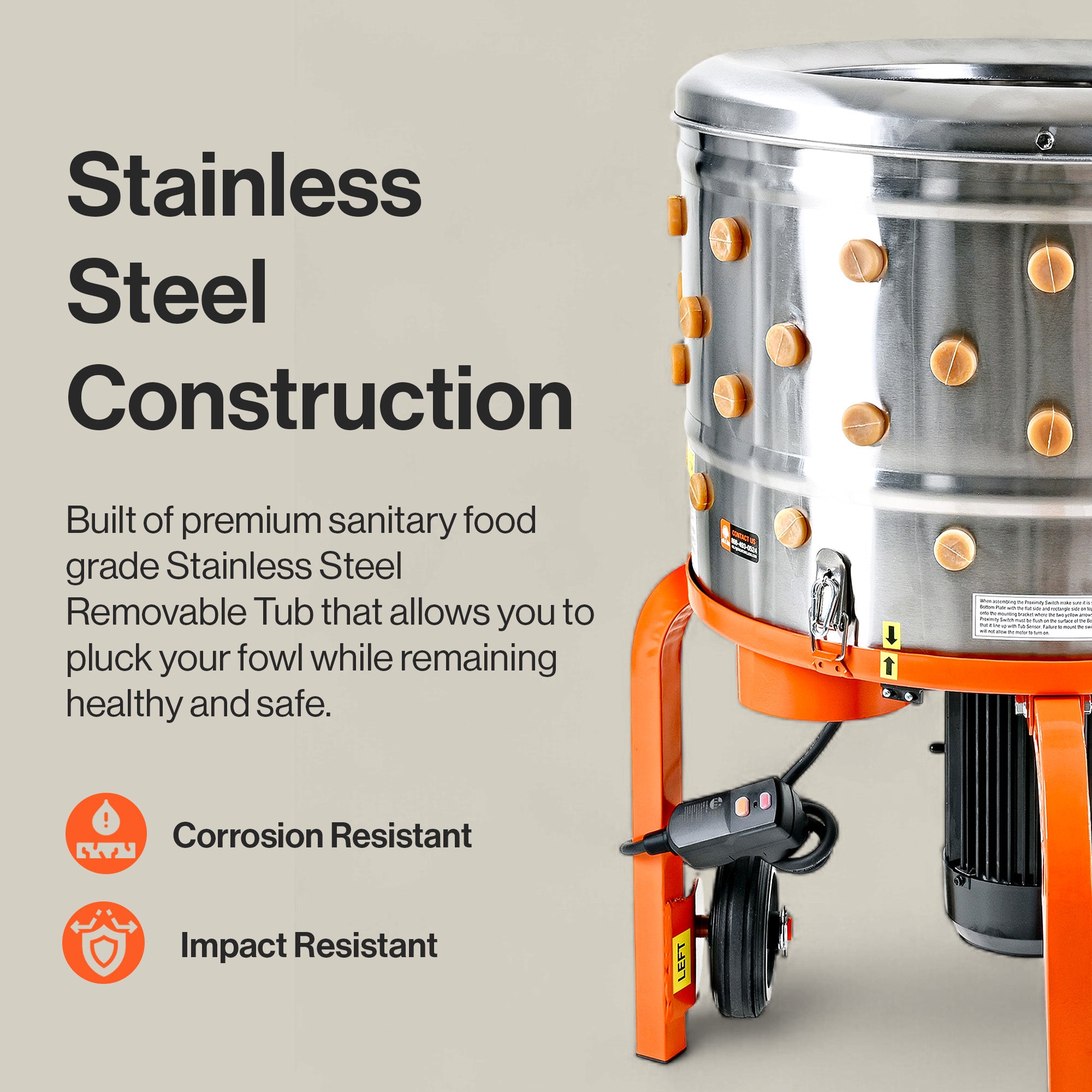 SuperHandy 800W Chicken Plucker 230VAC - Electric Stainless Steel Poultry Processing Machine with 92 Soft Fingers, 50cm Drum