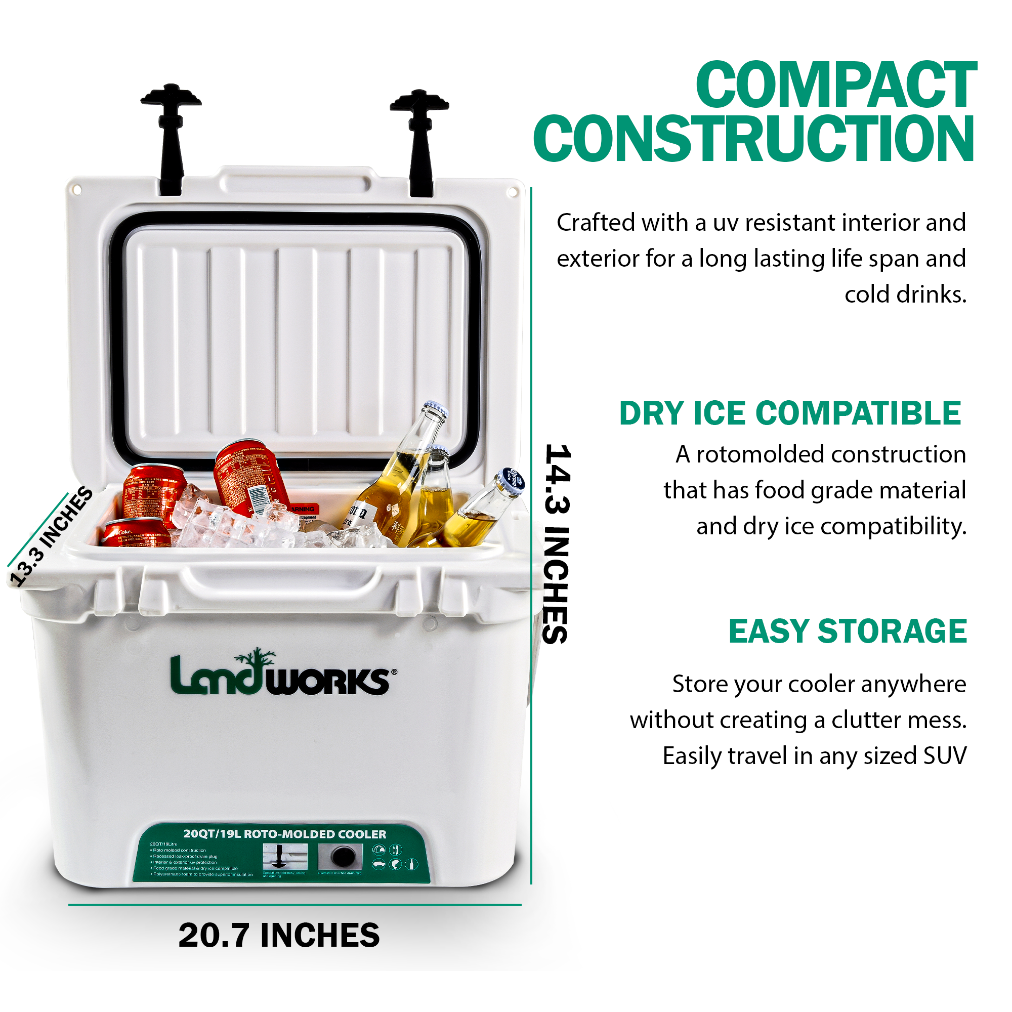 Landworks 20QT Rotomolded Ice Cooler - Up to 5 Days Ice Retention, Commercial Grade, Food Safe, Dry Ice Compatible, UV Protected, with 15mm Gasket, Bottle Openers, and Low Profile Latches