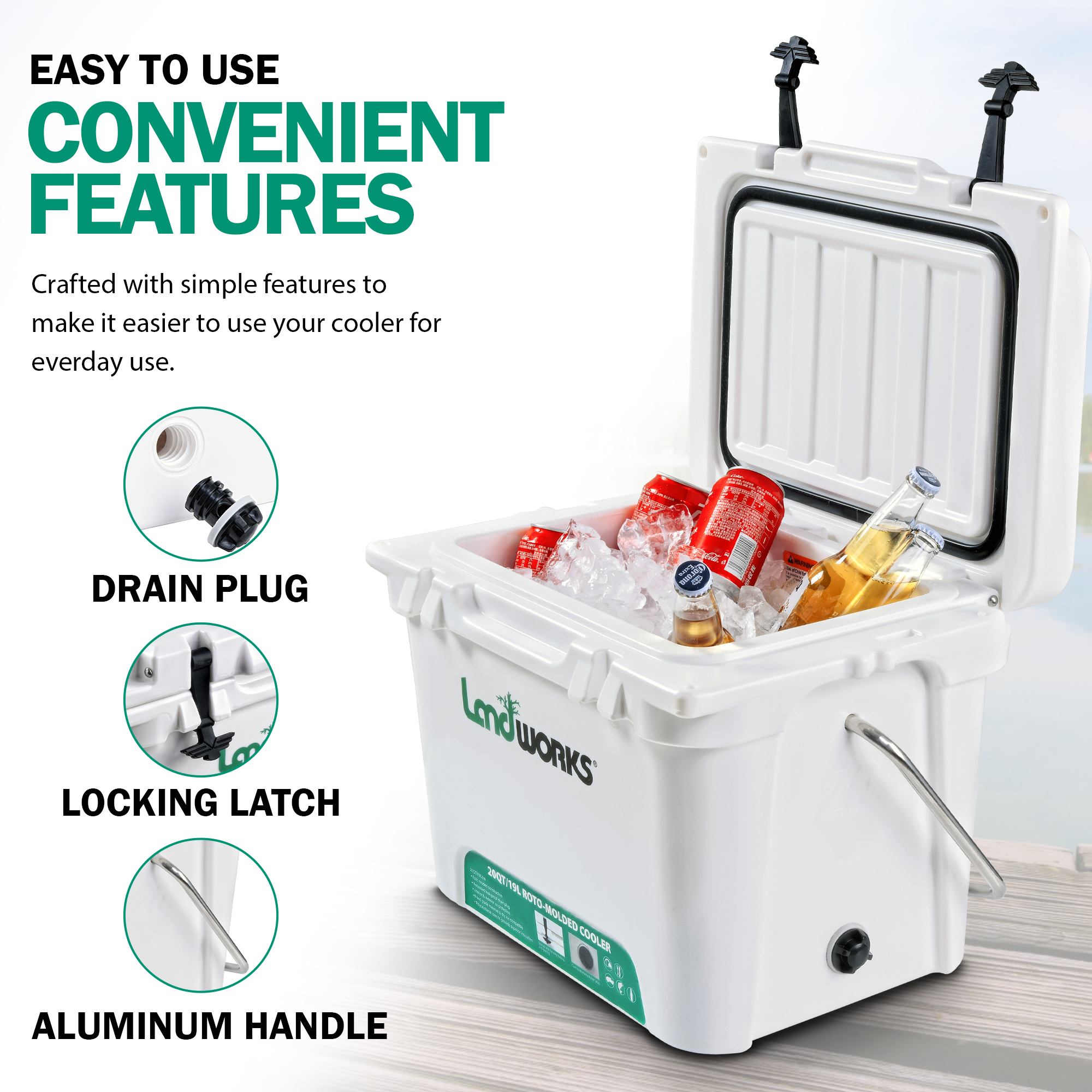 Landworks 20QT Rotomolded Ice Cooler - Up to 5 Days Ice Retention, Commercial Grade, Food Safe, Dry Ice Compatible, UV Protected, with 15mm Gasket, Bottle Openers, and Low Profile Latches