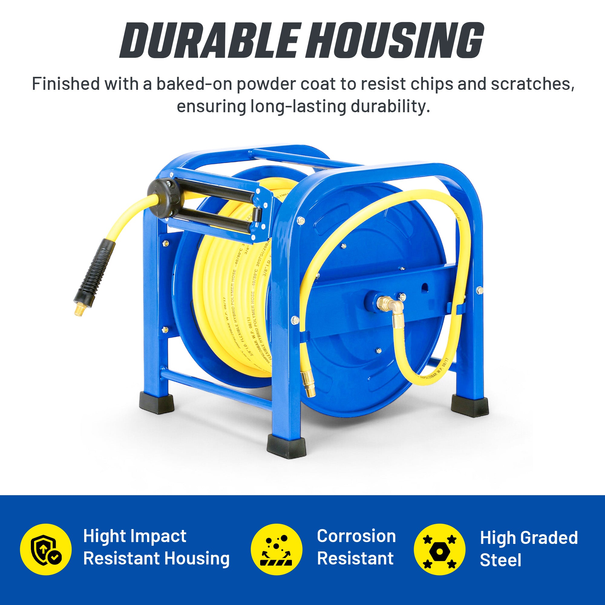 Goodyear Retractable Air Hose Reel: 9.5mm x 30m (20BAR Max) SBR Rubber Hose, Heavy Duty Portable Quad Pod with Industrial Steel Construction