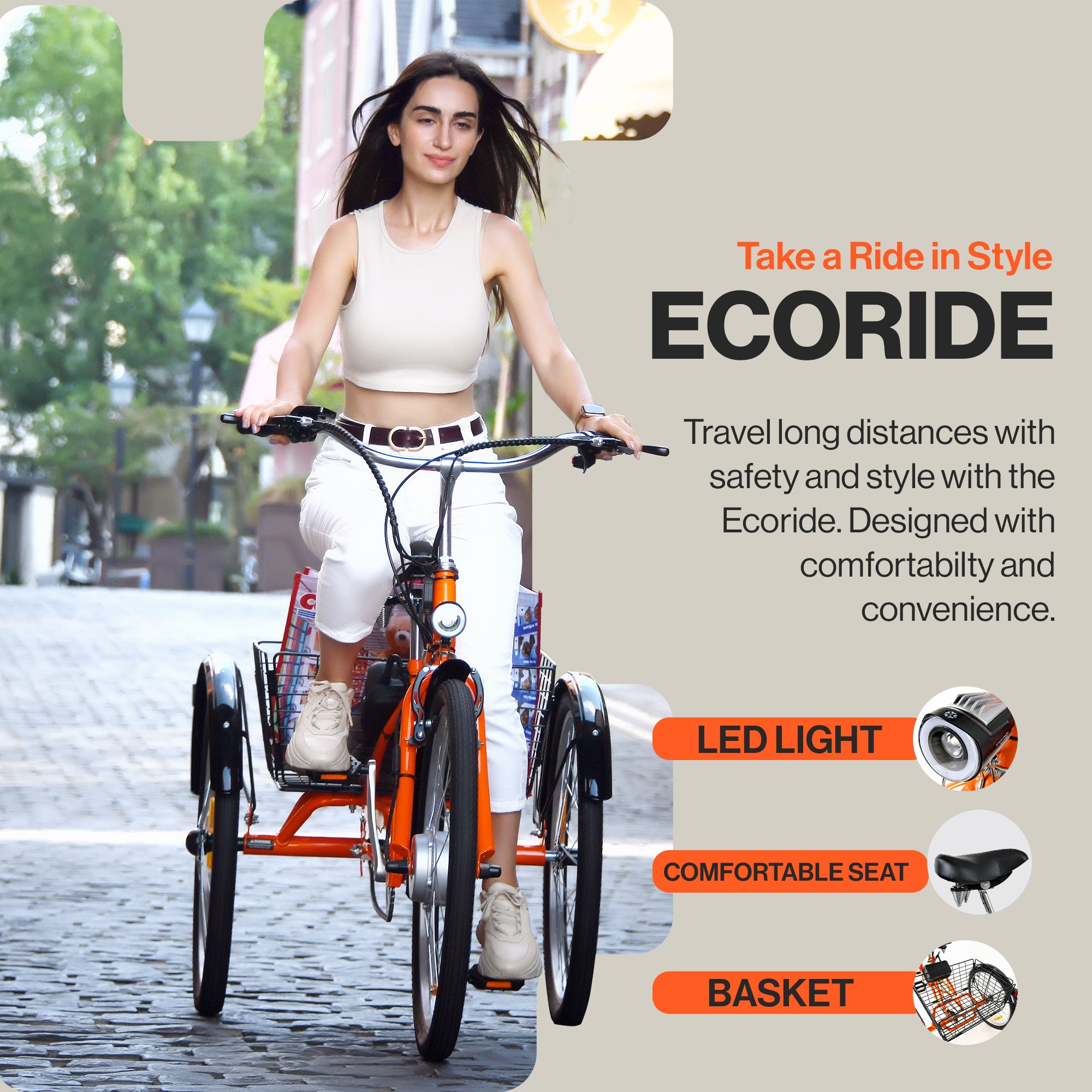 SuperHandy Adult Tricycle Electric Bike EcoRide 3 Modes, Adaptive Torque Pedal Assist, 250W Motor, (2) Lithium Batteries, 330LB Capacity, Large Storage Basket, LED Headlight, Air Pump+Lock Included