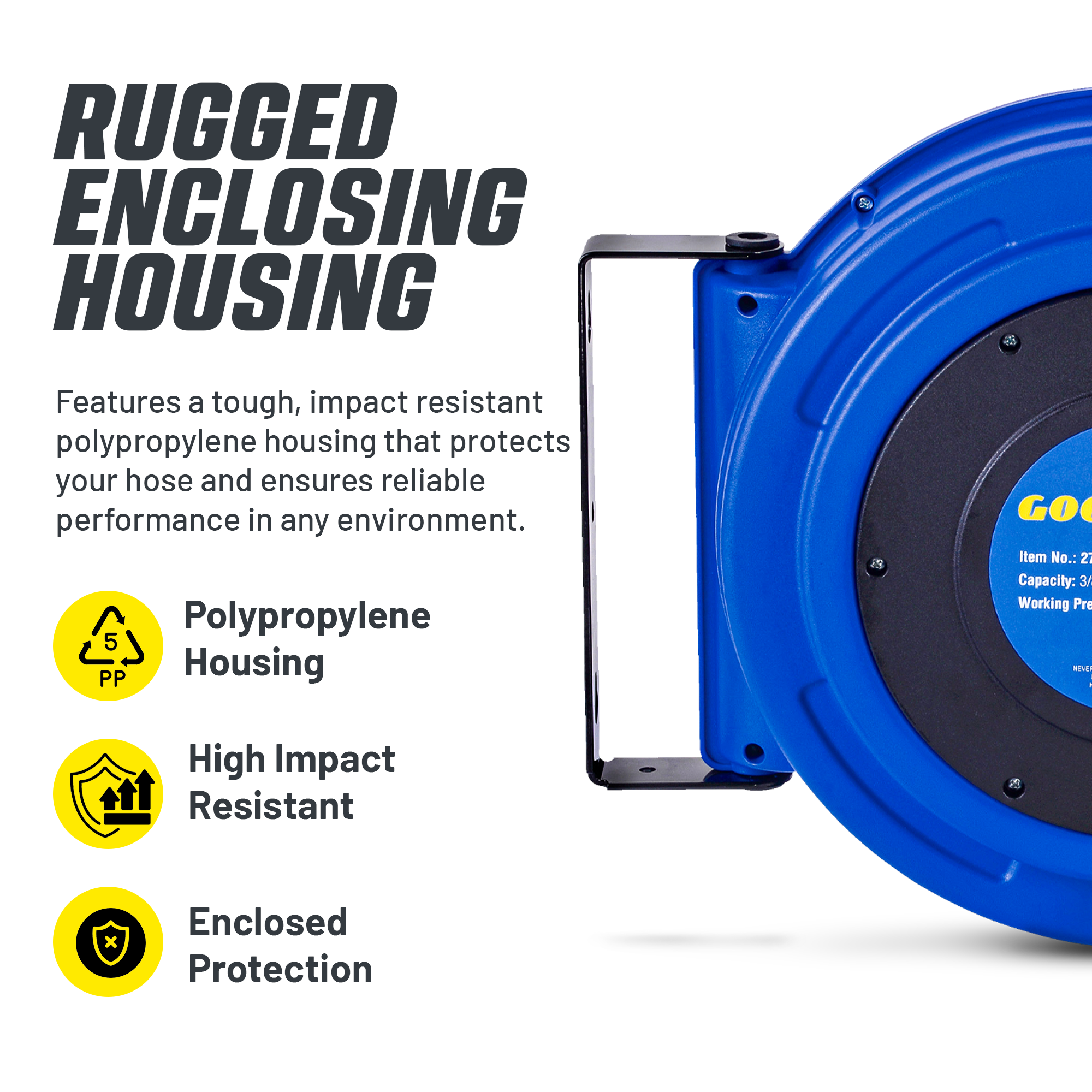 Goodyear Air Hose Reel Retractable 9.5mm x 20m Hybrid Polymer Hose Max 20BAR Commercial Polypropylene Construction
