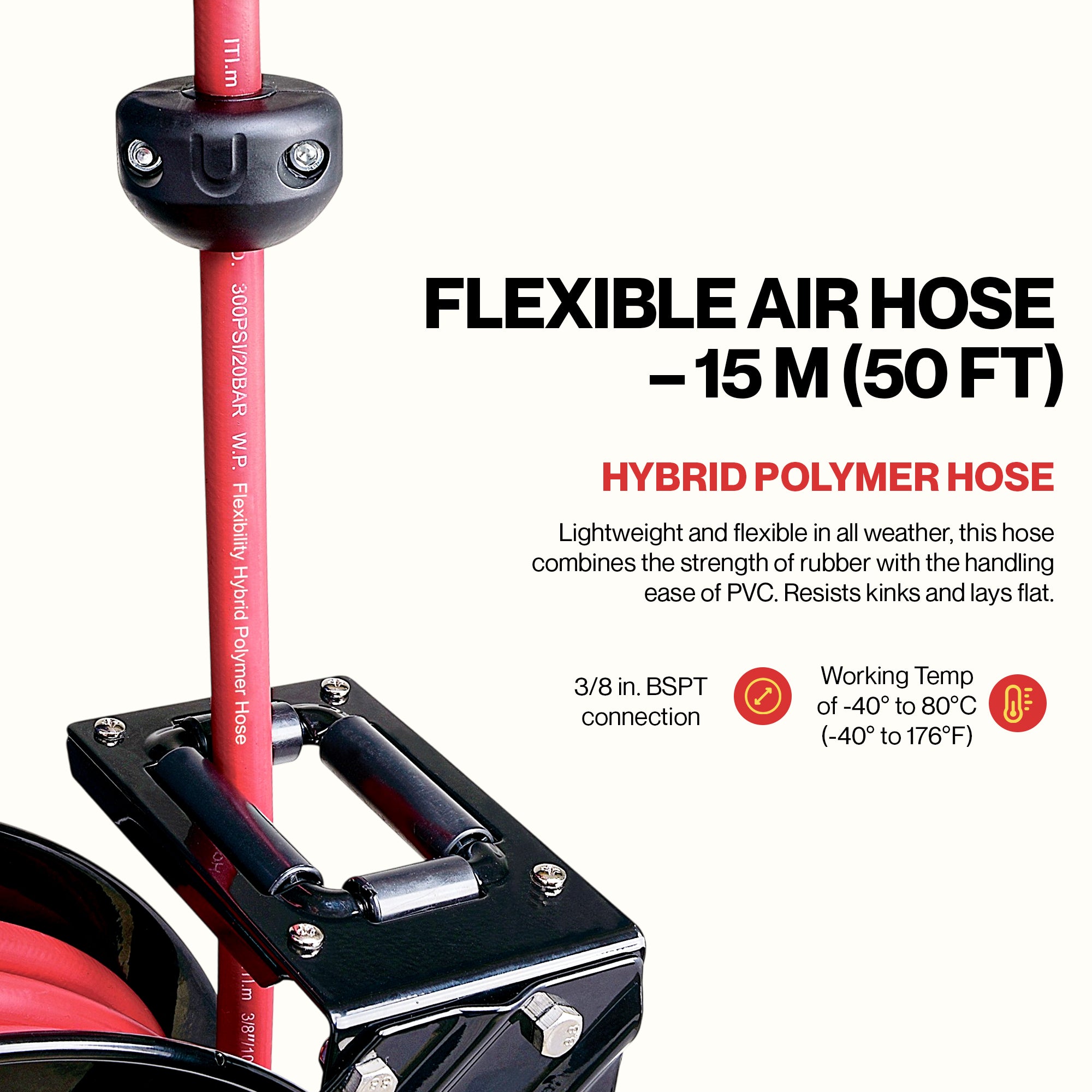 ReelWorks Industrial Retractable Air Hose Reel, 9.5mm x 15m, 20 Bar Max Flex Hybrid Polymer Hose
