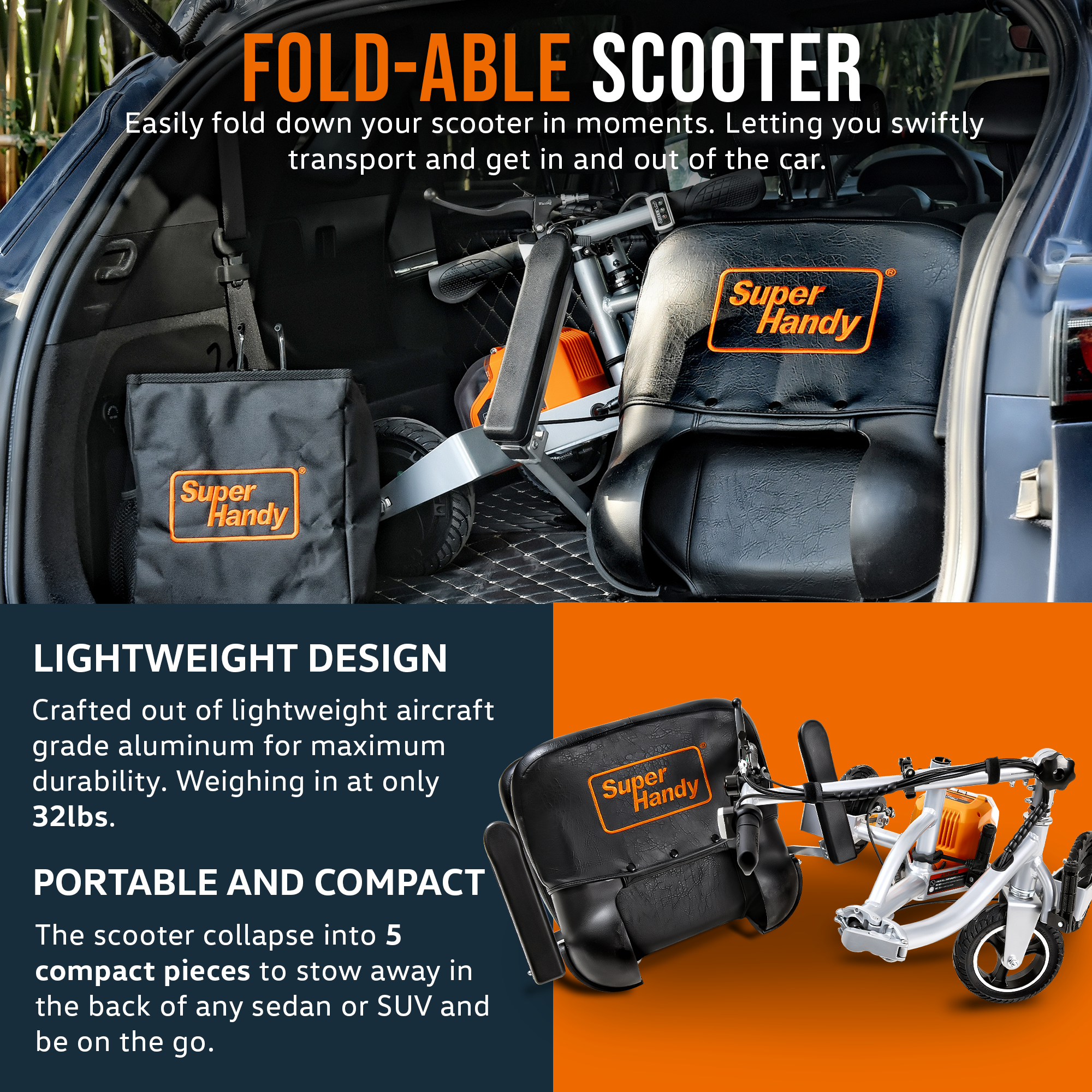 SuperHandy 3 Wheel Folding Mobility Scooter Plus device (Upgraded Design) - Electric Powered, Airline Friendly - Long Range Travel w/ 2 Detachable 48V Lithium-ion Batteries and Charger