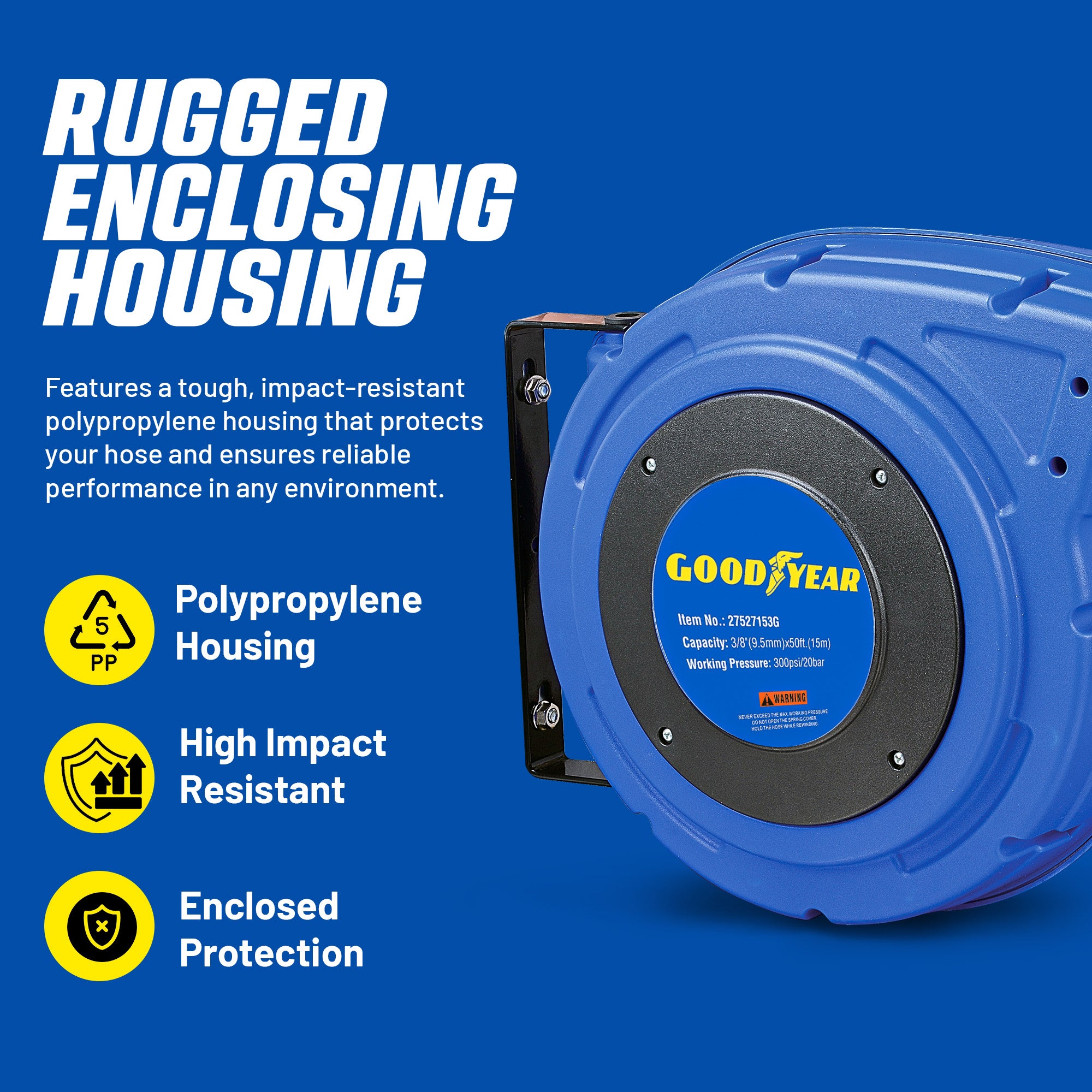 Goodyear Wall-Mountable Retractable Air Hose Reel - 3/8" (9.5mm) x 50' (15m), 3' (0.9m) Lead-In Hose Max 20BAR