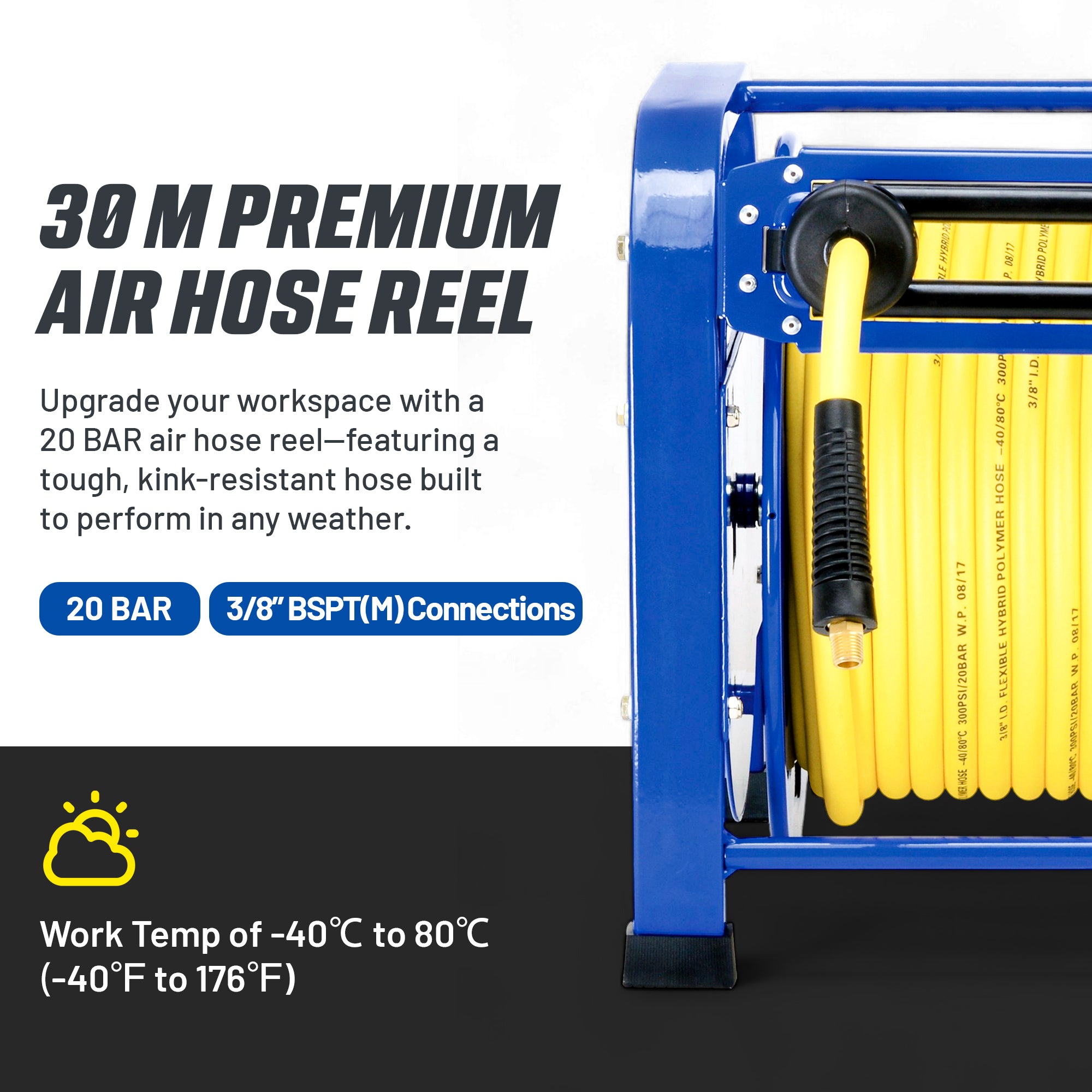 Goodyear Retractable Air Hose Reel: 9.5mm x 30m (20BAR Max) SBR Rubber Hose, Heavy Duty Portable Quad Pod with Industrial Steel Construction