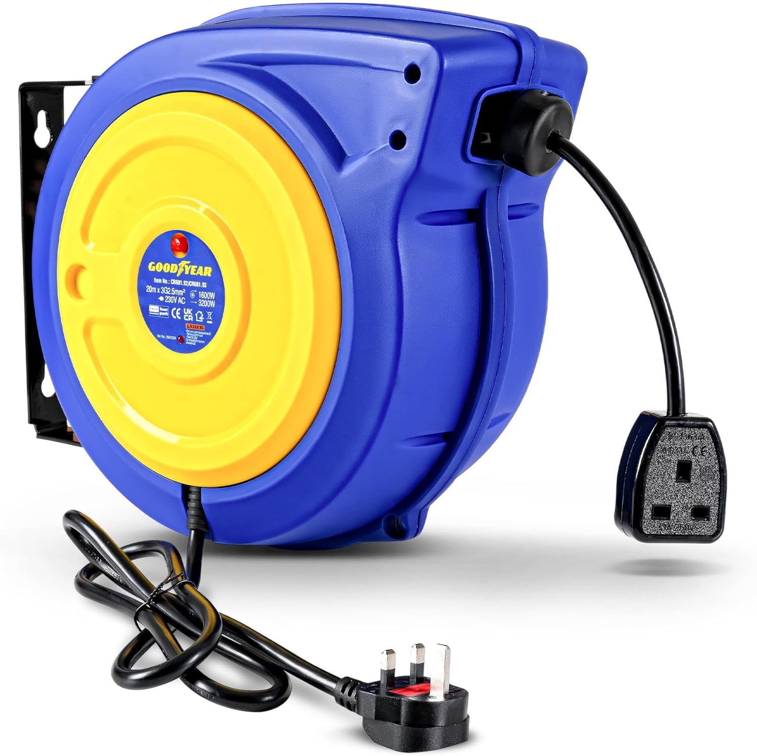Goodyear Cord Reel Retractable Extension Extra Long 20m (65ft) x 3G2.5mm² H05VV-F 3200W Max Industrial Polypropylene Ultra Heavy Duty Commercial Premium Grade Cable Reel
