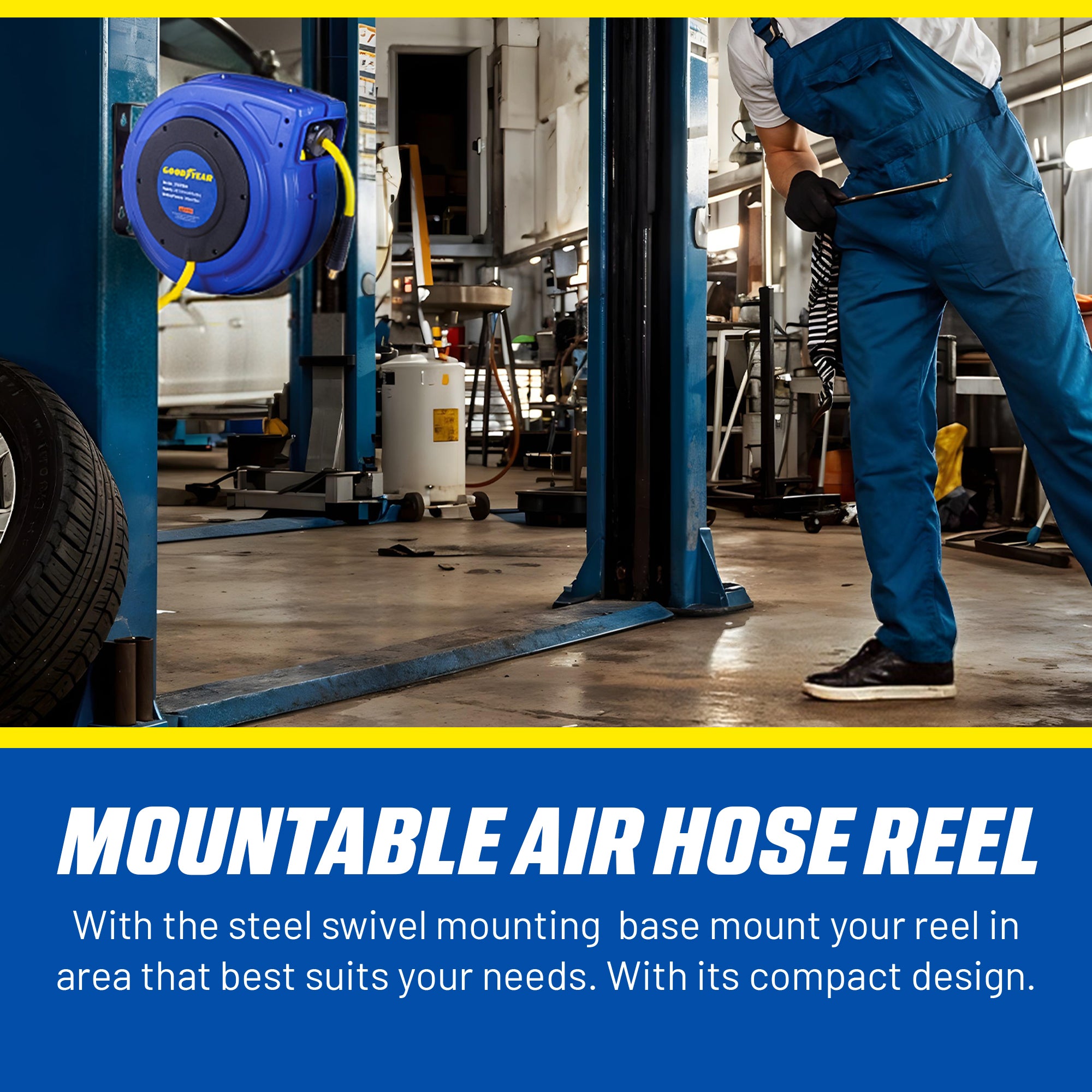 Goodyear Air Hose Reel Retractable 9.5mm x 20m Hybrid Polymer Hose Max 20BAR Commercial Polypropylene Construction