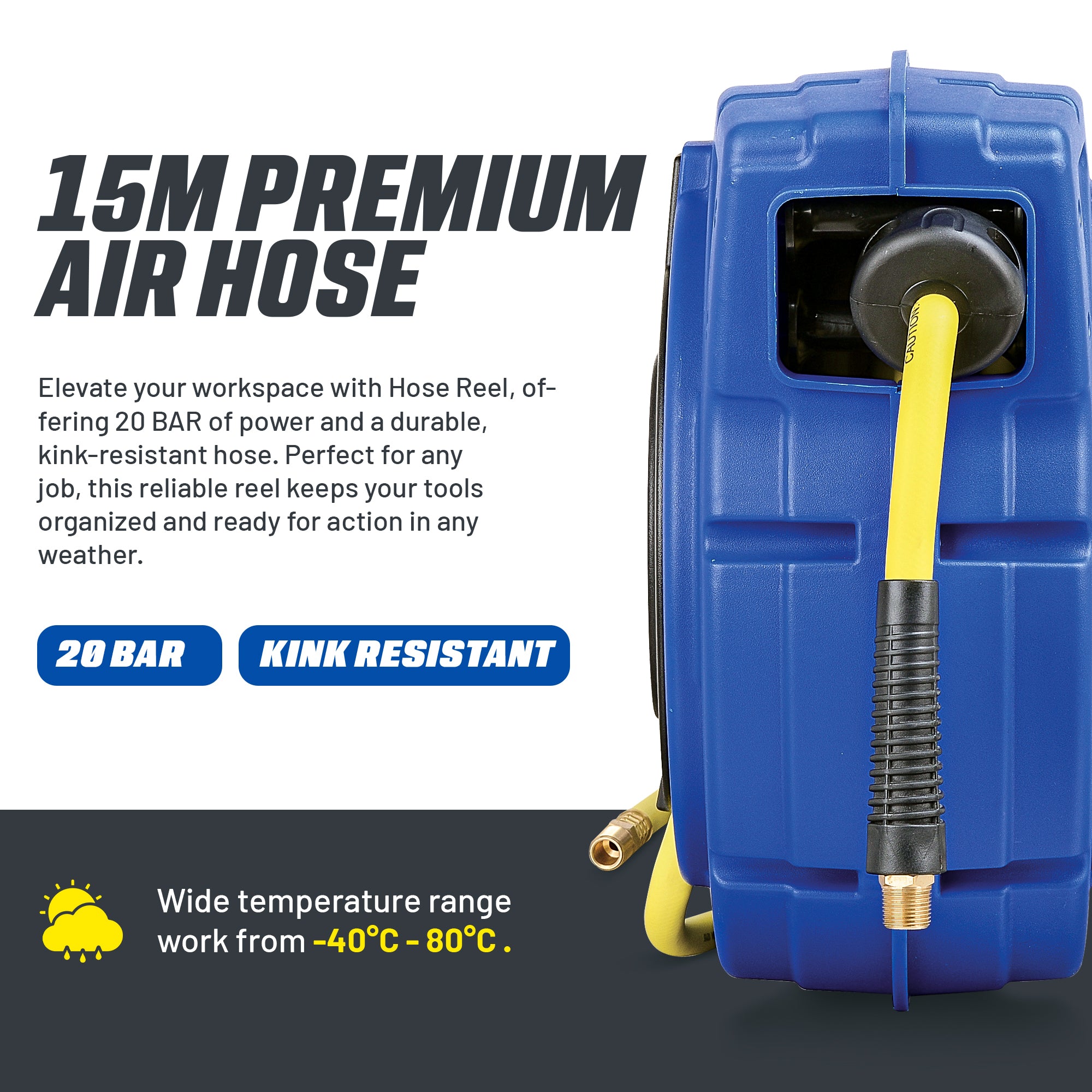Goodyear Wall-Mountable Retractable Air Hose Reel - 3/8" (9.5mm) x 50' (15m), 3' (0.9m) Lead-In Hose Max 20BAR