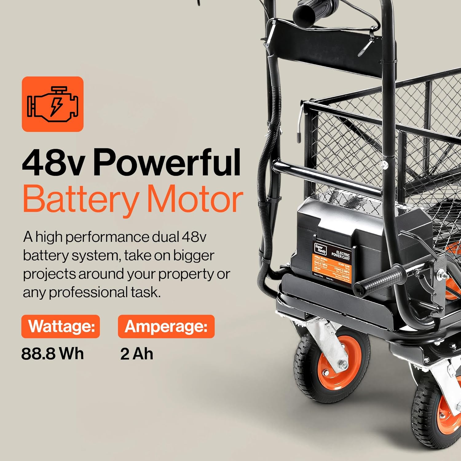 SuperHandy Utility Service Cart Power Wagon Wheelbarrow Electric 48V DC Li-Ion Powered 300 KG Load and 460 KG+ Hauling Capacity Farm and Garden All Purpose Modular Cargo Bed
