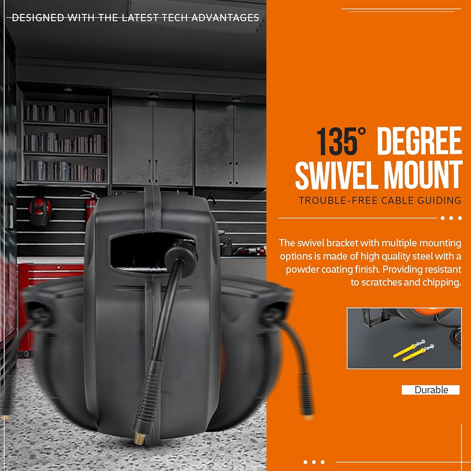 SuperHandy Retractable Air Hose Reel - 3/8" x 15m (50ft), Spring Driven, 300PSI/20BAR Max, Premium Flex Hybrid Polymer Hose