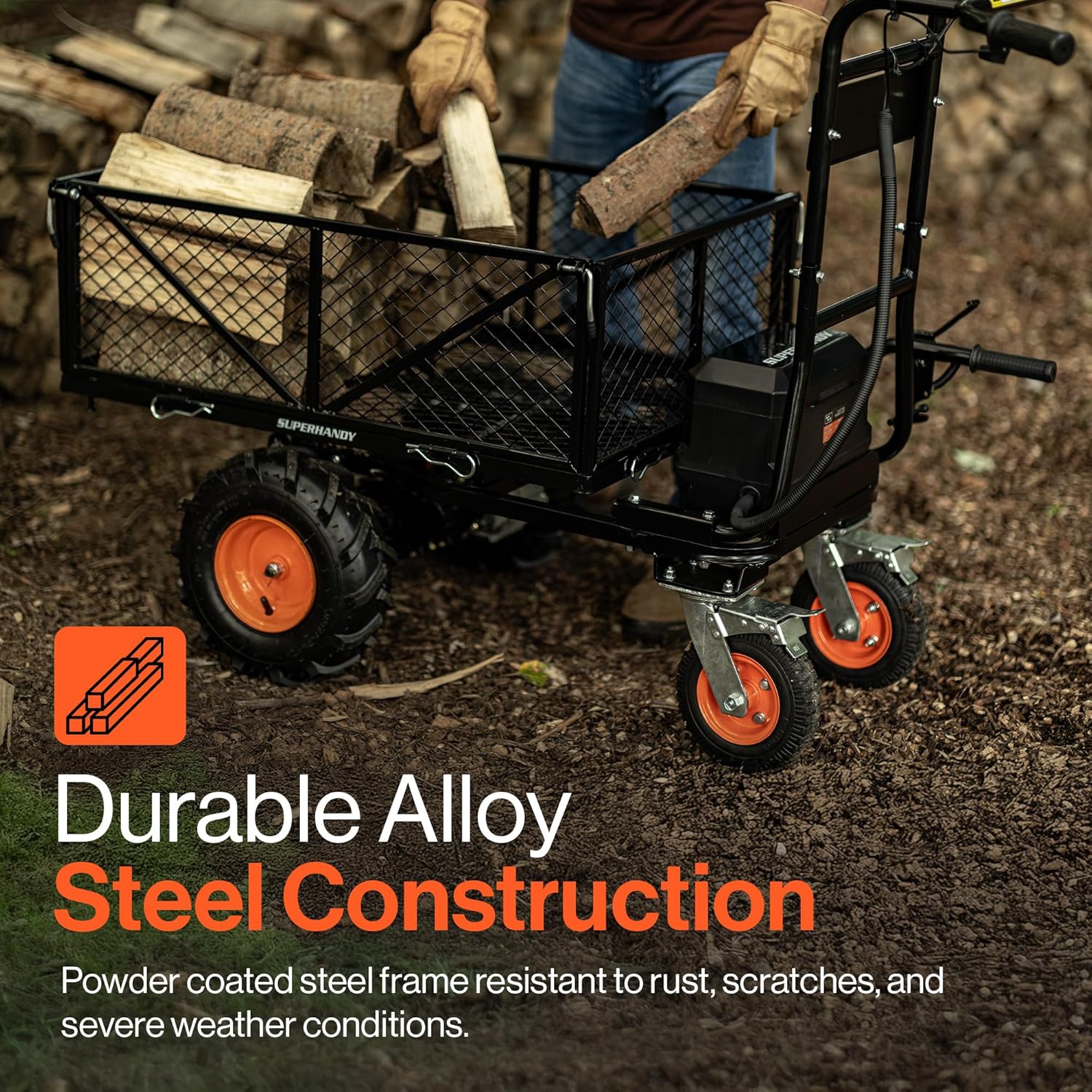 SuperHandy Utility Service Cart Power Wagon Wheelbarrow Electric 48V DC Li-Ion Powered 300 KG Load and 460 KG+ Hauling Capacity Farm and Garden All Purpose Modular Cargo Bed