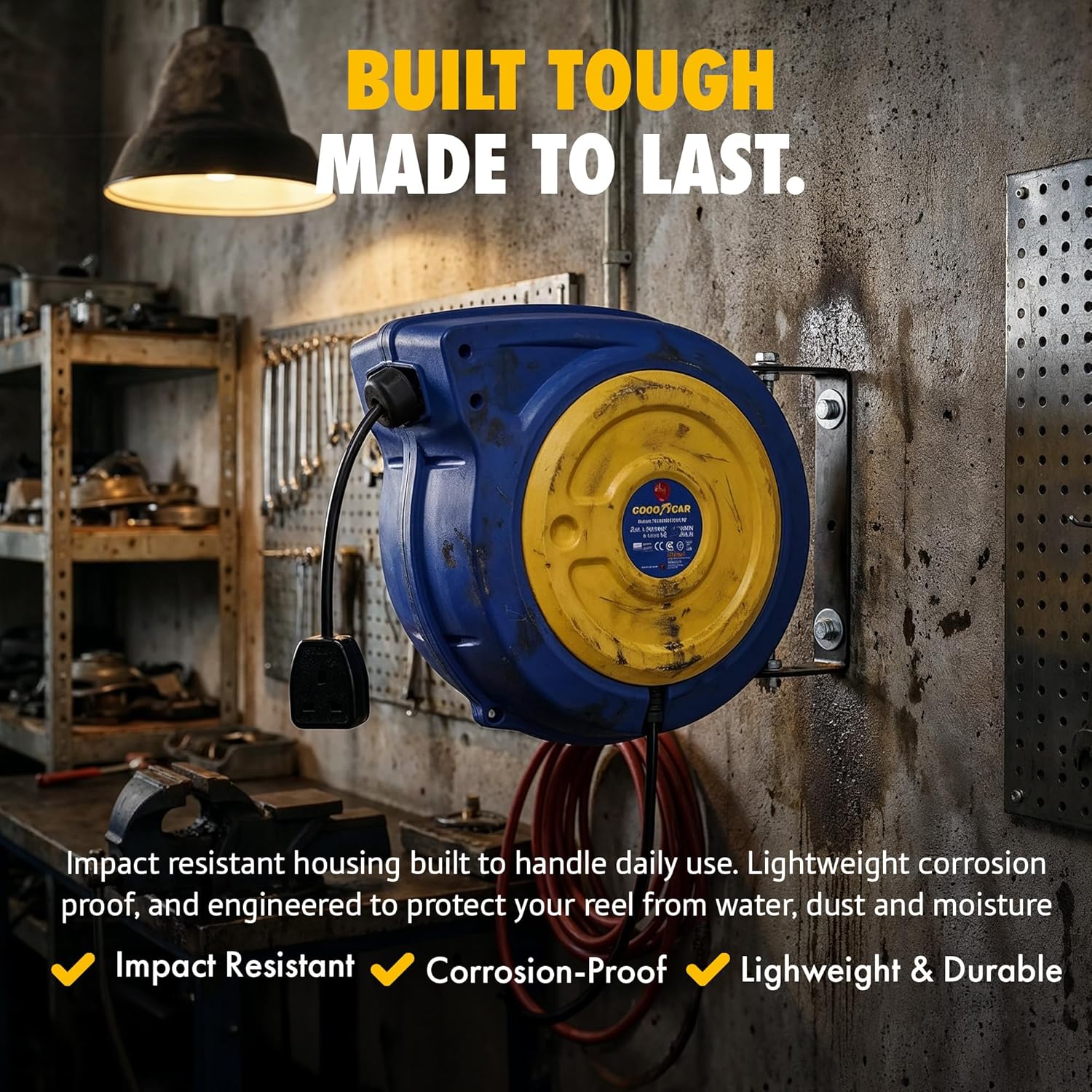 Goodyear Cord Reel Retractable Extension Extra Long 20m (65ft) x 3G2.5mm² H05VV-F 3200W Max Industrial Polypropylene Ultra Heavy Duty Commercial Premium Grade Cable Reel