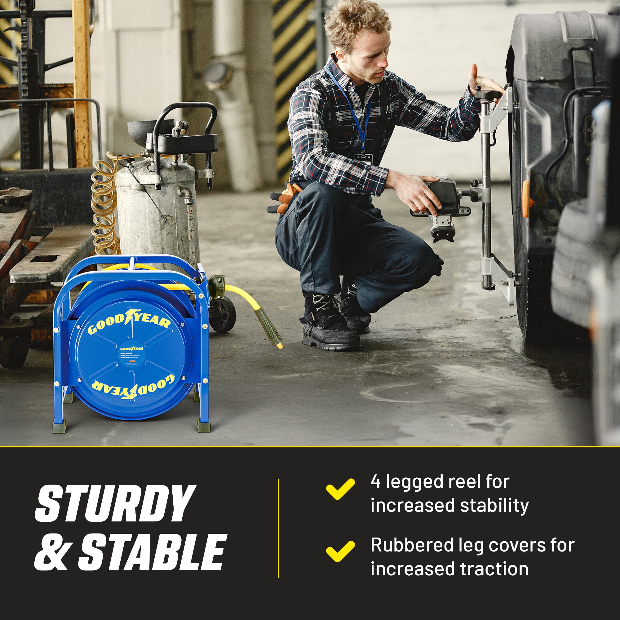 Goodyear Retractable Air Hose Reel: 9.5mm x 30m (20BAR Max) SBR Rubber Hose, Heavy Duty Portable Quad Pod with Industrial Steel Construction