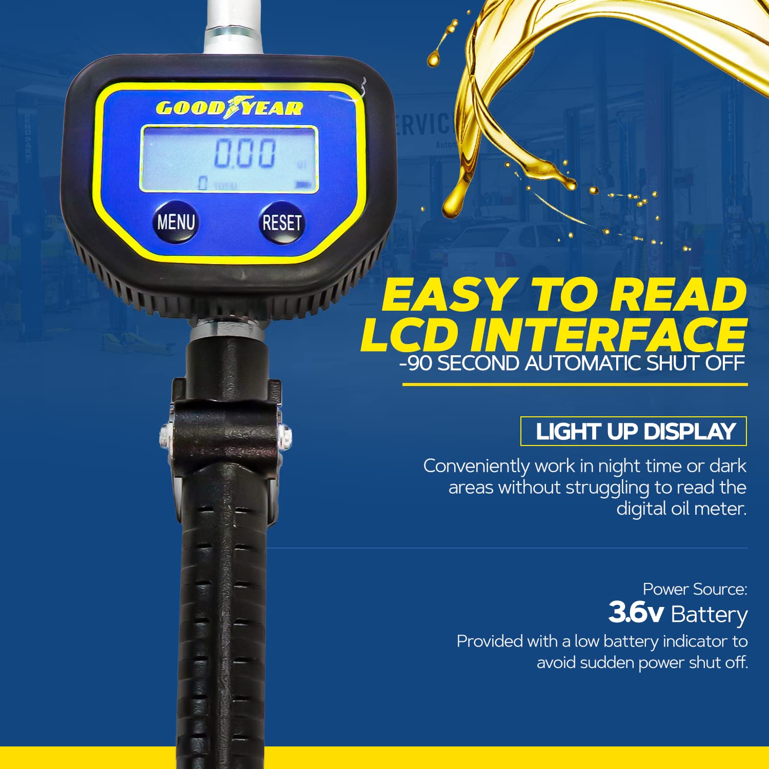 Goodyear Digital Oil Control Valve Meter Nozzle 10 GPM / 35 LPM Heavy Duty Air Operated Pneumatic 1/2" inch BSP Inlet Pressure Range 7-1500 Psi 5-100 Bar with Flexible Spout (Not for Gasoline)