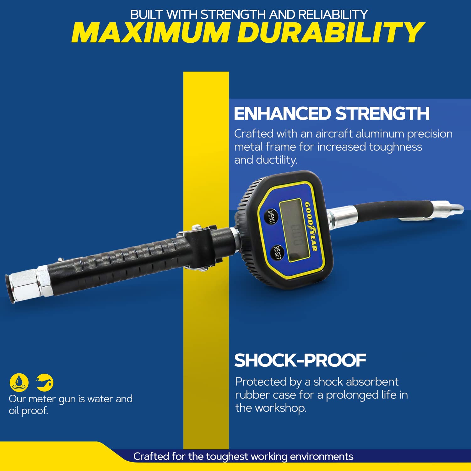 Goodyear Digital Oil Control Valve Meter Nozzle 10 GPM / 35 LPM Heavy Duty Air Operated Pneumatic 1/2" inch BSP Inlet Pressure Range 7-1500 Psi 5-100 Bar with Flexible Spout (Not for Gasoline)