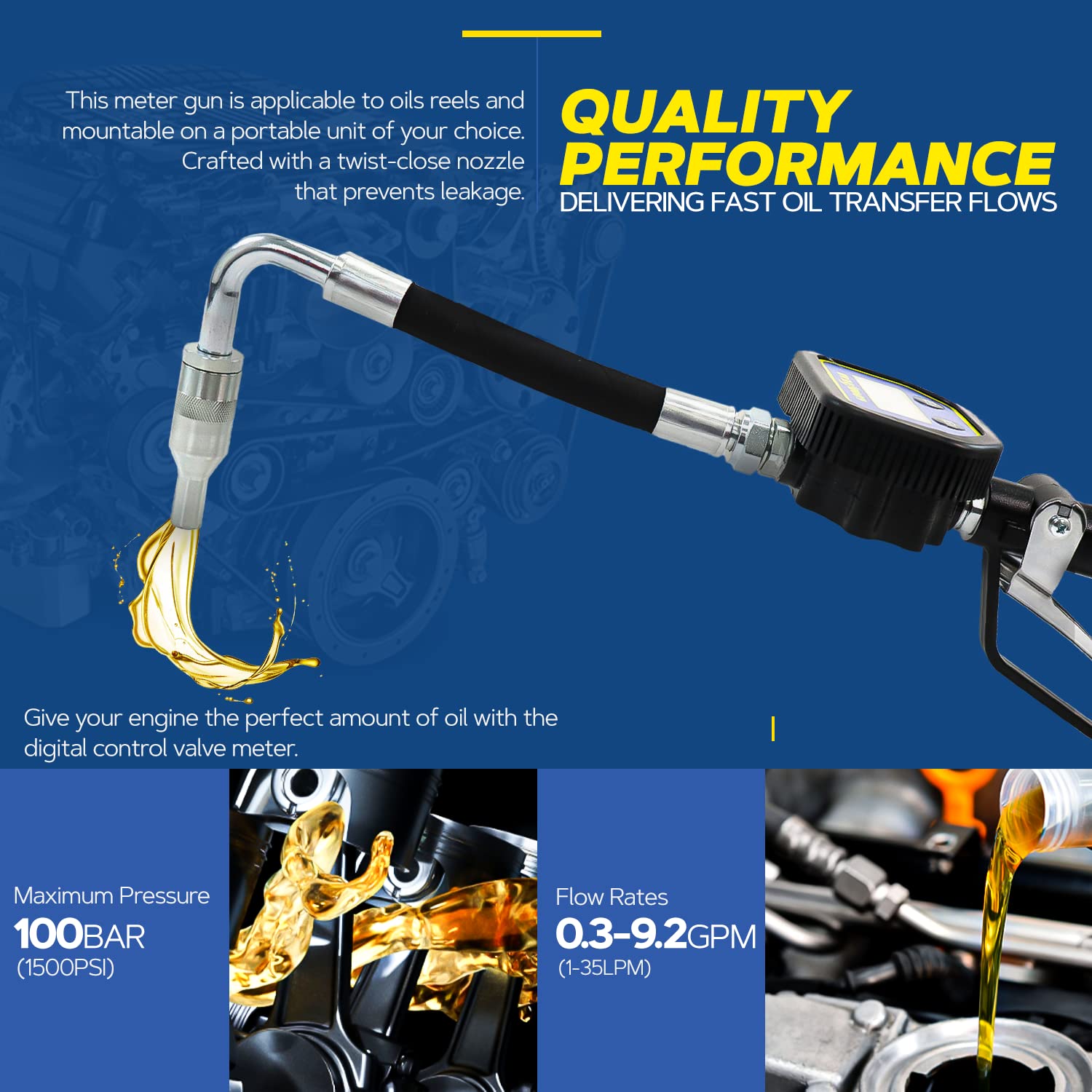 Goodyear Digital Oil Control Valve Meter Nozzle 10 GPM / 35 LPM Heavy Duty Air Operated Pneumatic 1/2" inch BSP Inlet Pressure Range 7-1500 Psi 5-100 Bar with Flexible Spout (Not for Gasoline)