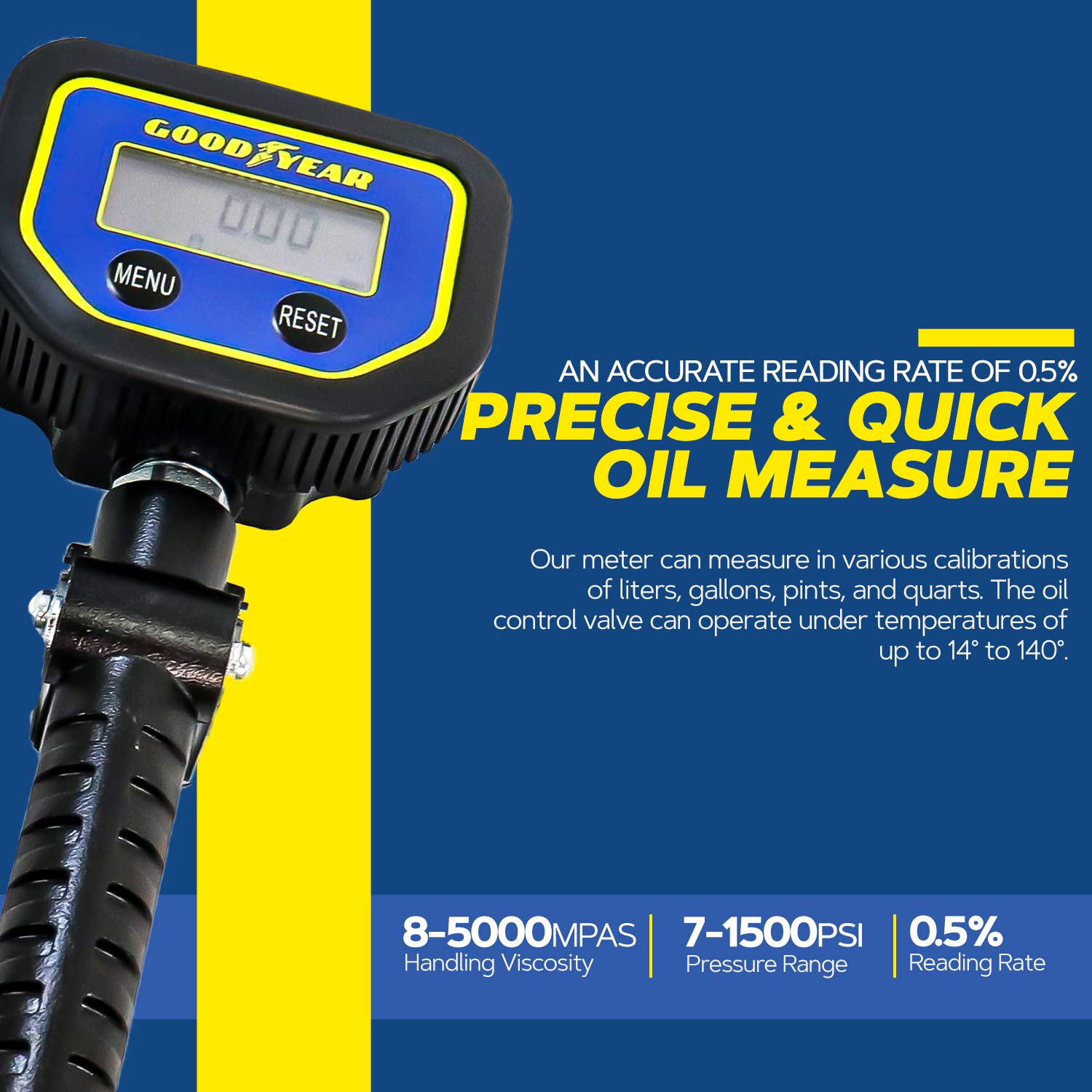 Goodyear Digital Oil Control Valve Meter Nozzle 10 GPM / 35 LPM Heavy Duty Air Operated Pneumatic 1/2" inch BSP Inlet Pressure Range 7-1500 Psi 5-100 Bar with Flexible Spout (Not for Gasoline)