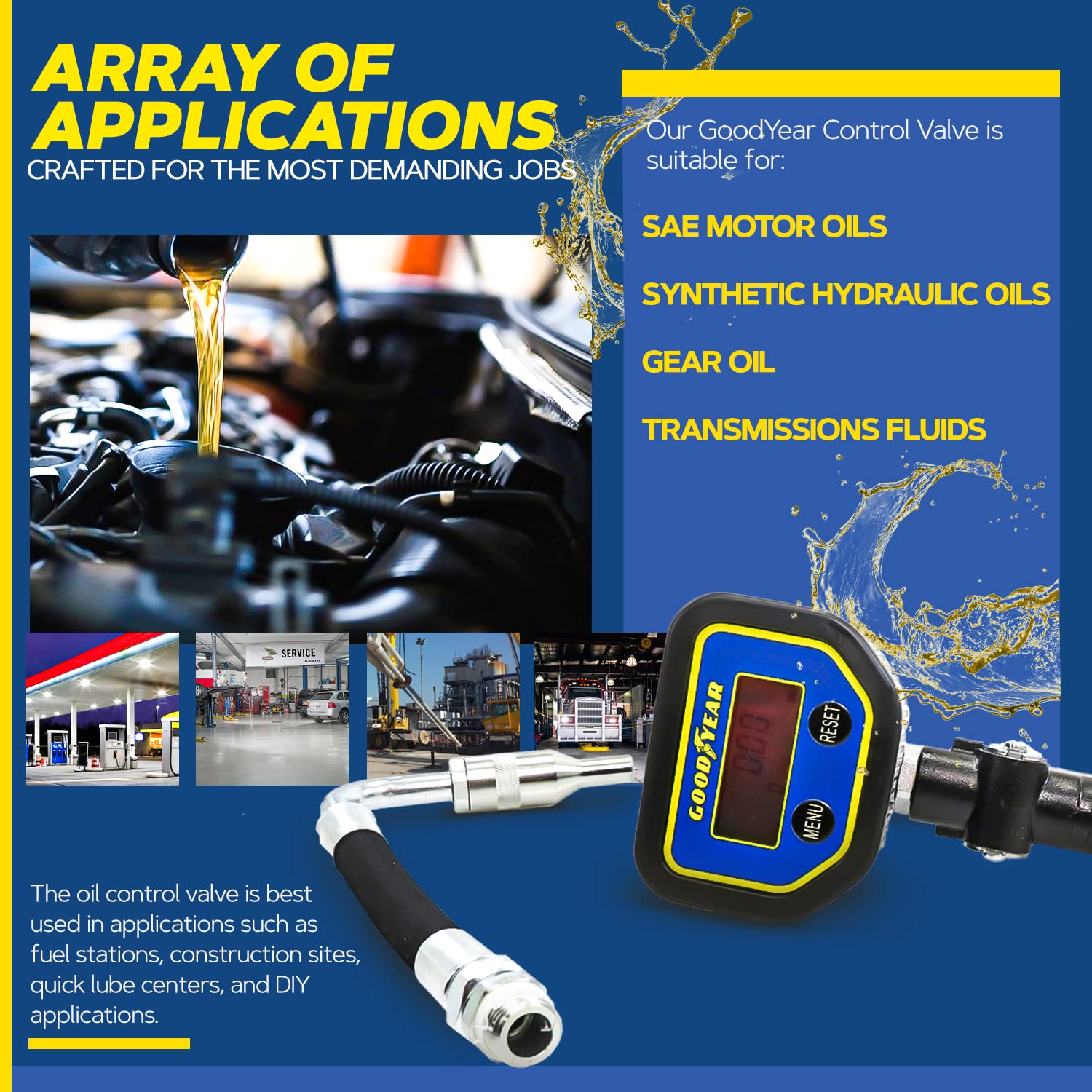 Goodyear Digital Oil Control Valve Meter Nozzle 10 GPM / 35 LPM Heavy Duty Air Operated Pneumatic 1/2" inch BSP Inlet Pressure Range 7-1500 Psi 5-100 Bar with Flexible Spout (Not for Gasoline)