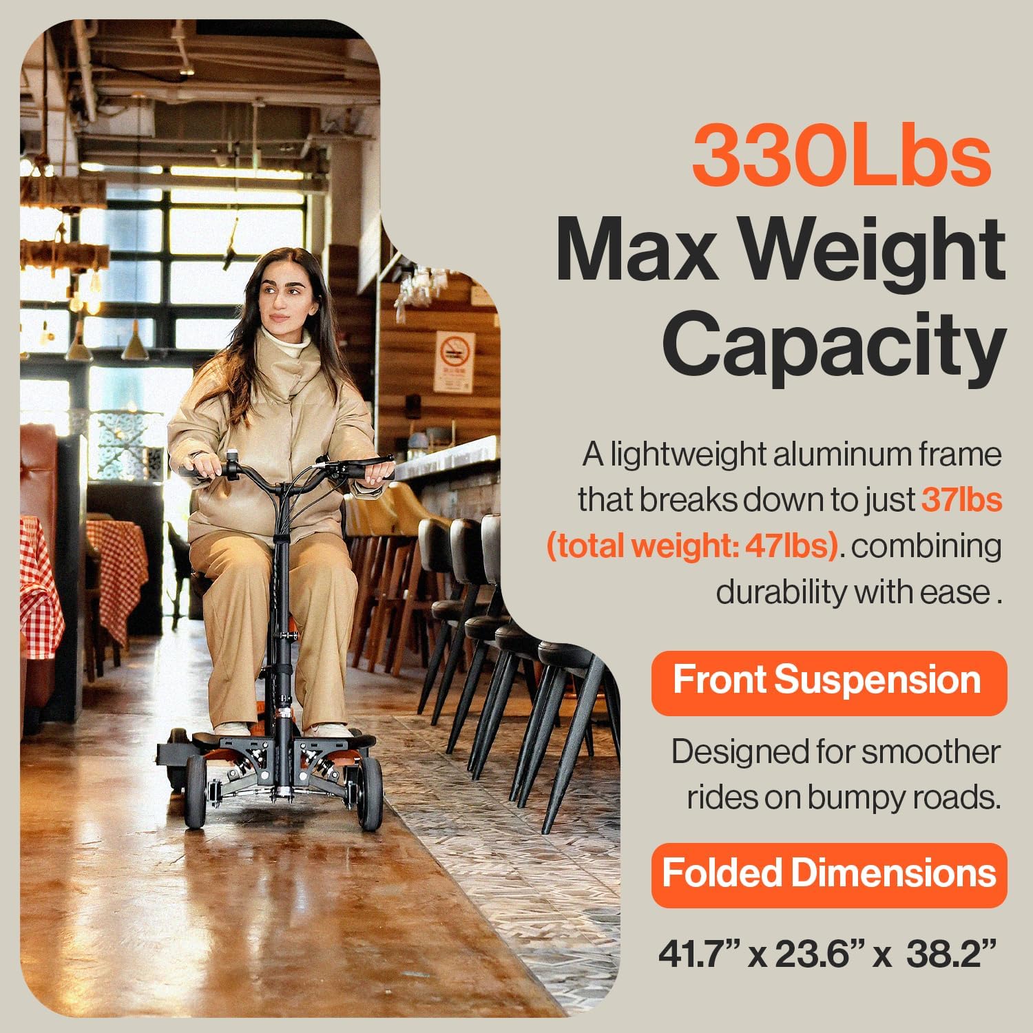 SuperHandy 4-Wheel Mobility Scooter - Lightweight, Foldable, 48V 2Ah Li-Ion Battery, Adjustable, Flat-Free Tires, 330lbs Capacity