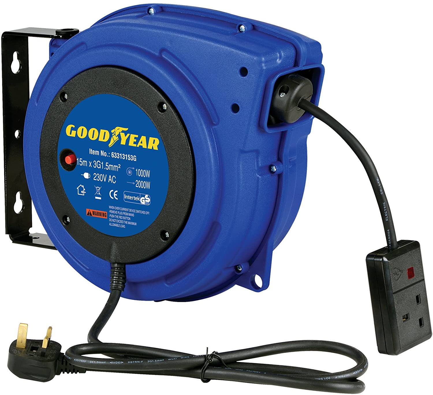 Goodyear Extension Cable Reel Heavy Duty Retractable 15m x 3G1.5mm2 H07RN-F UK Plug Type 230V AC 8.6A 1000W Wound 2000W Unwound Indoor Professional DIY Usable CE & Intertek GS Listed