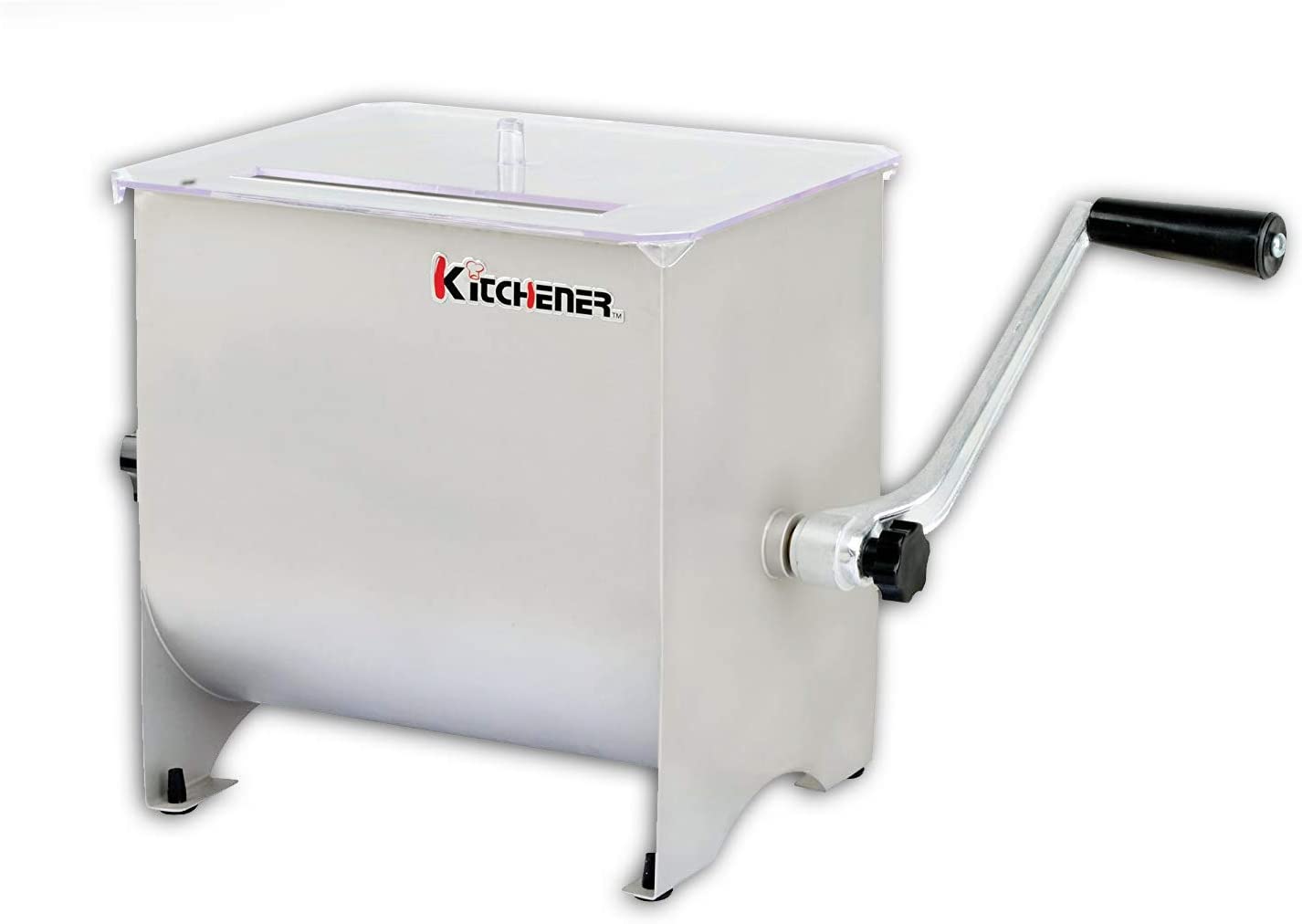 Kitchener Meat Mixer Stainless Steel Manual Hand Crank 4.2 Gallon/16L Max 17.6LBS Pound Capacity Heavy Duty Commercial Food Grade w/ 4 Removable Mixing Paddles and Clear Lid for Seasoning Meat