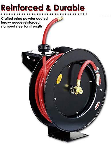 REELWORKS Air-Hose-Reel Retractable 3/8"x50', 65', or 80' ft Spring Driven Steel Construction Heavy Duty Industrial Max 300 PSI - Great Circle UK