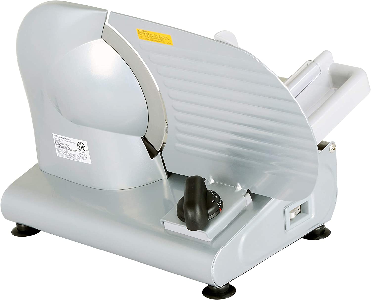 Our Kitchener Pro Commercial Deli, Meat, Cheese & Bread Slicer is built of premium coated steel & die-cast aluminum, safe grade food plastic & stainless steel carriage surface (protects from rust). This slicer is a belt driven Electric powered 230V 150 Watt 50Hz motor, including a: 7.5" (190mm) Ham/Salami Blade, Adjustable Thickness Control Knob capable of slicing a wide variety of foods from delicious deli thin to 5/8" carving board style thick meats.