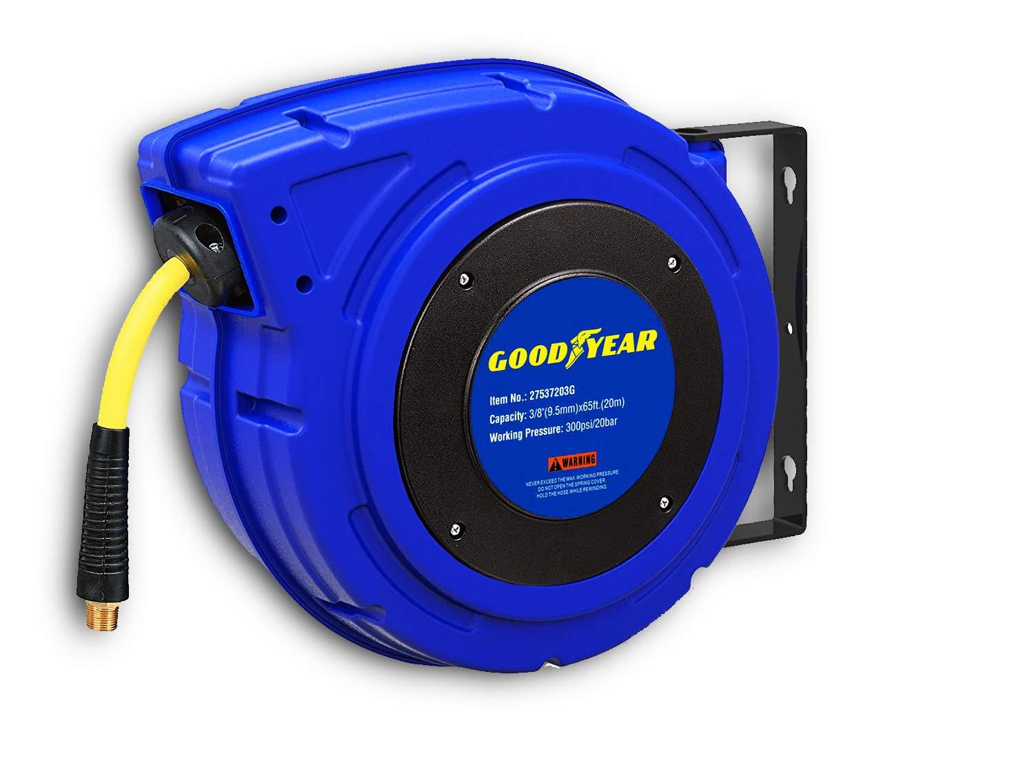 Goodyear Retractable Air Compressor/Water Hose Reel, Max. 300PSI (3/8" x 65 FT) Hybrid Polymer Hose - Great Circle UK