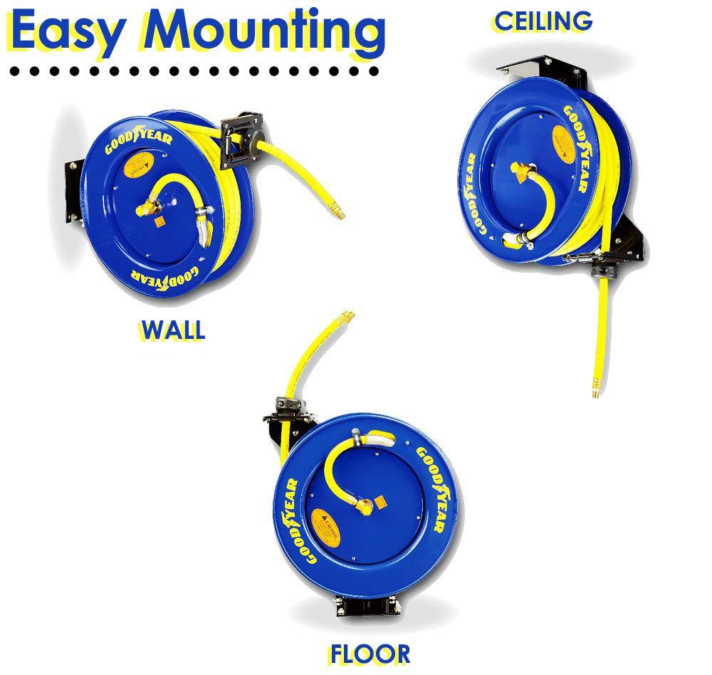 GOODYEAR Air-Hose Retractable Reel  3/8" Inch x 50' - Premium Commercial SBR Rubber Hose - Working pressure is 300PSI/20BAR-Great Circle UK