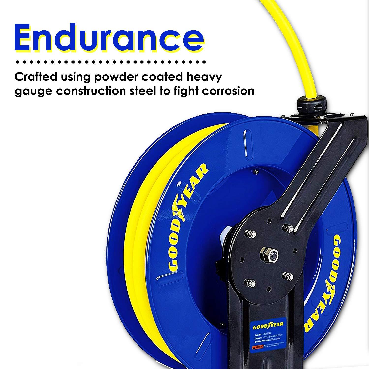 GOODYEAR Air-Hose Retractable Reel  3/8" Inch x 50' - Premium Commercial SBR Rubber Hose - Working pressure is 300PSI/20BAR-Great Circle UK