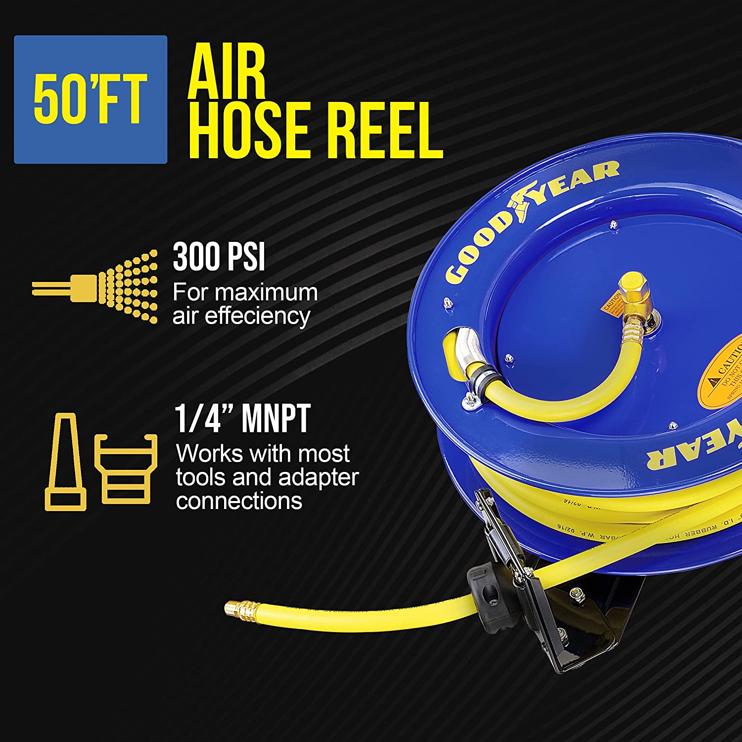 Goodyear Air Hose Reel Retractable 9.5mm x 15m 20BAR Max SBR Rubber Hose Heavy Duty Industrial Steel Single Arm Construction