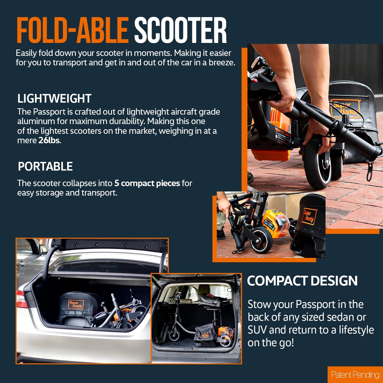 SuperHandy Folding Electric Mobility Scooter - 48V 2Ah Battery System, Lightweight, Long Range + Extra Battery