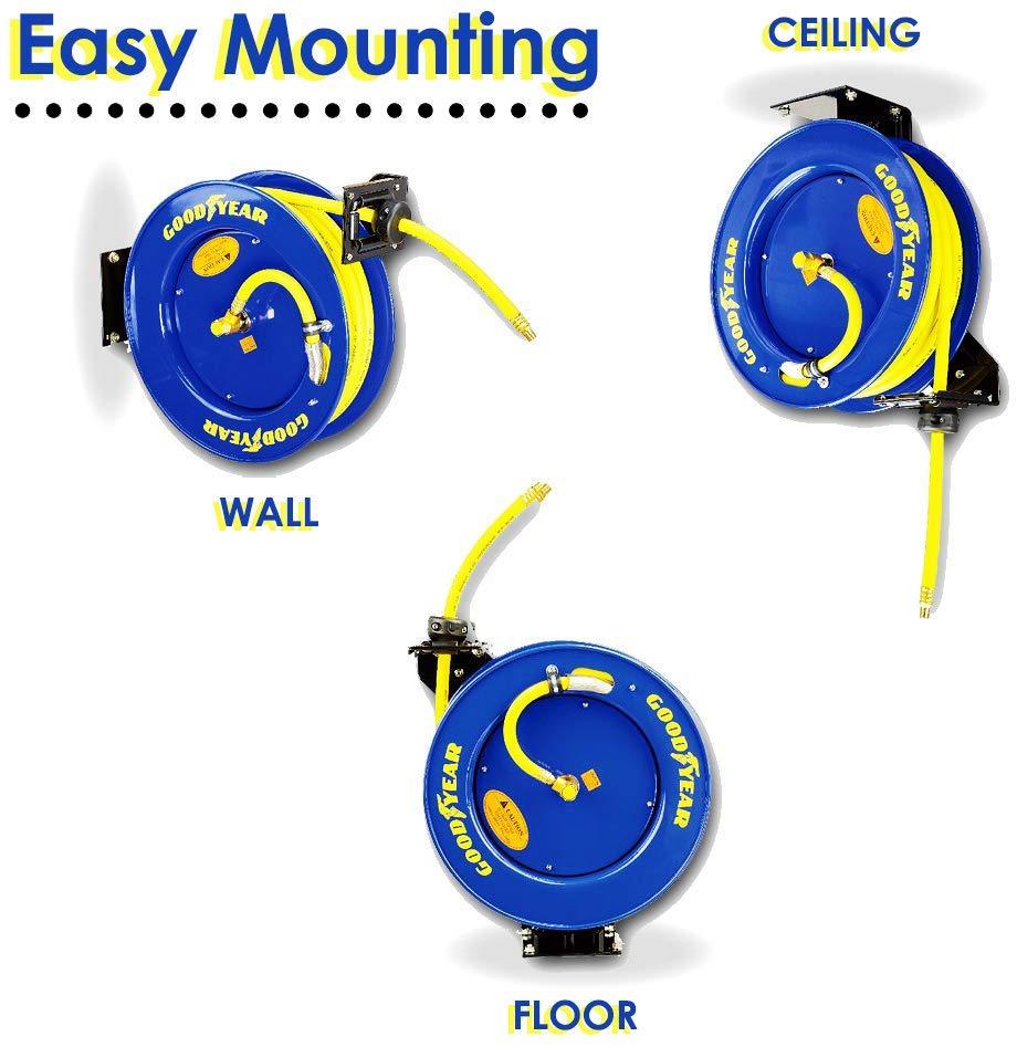 GOODYEAR Air-Hose-Reel Retractable 3/8" Inch x 25' Feet Premium Commercial SBR Hose Max 300 Psi Steel Construction Heavy Duty Spring Driven Industrial Single Arm; L-Shape Base - Great Circle UK