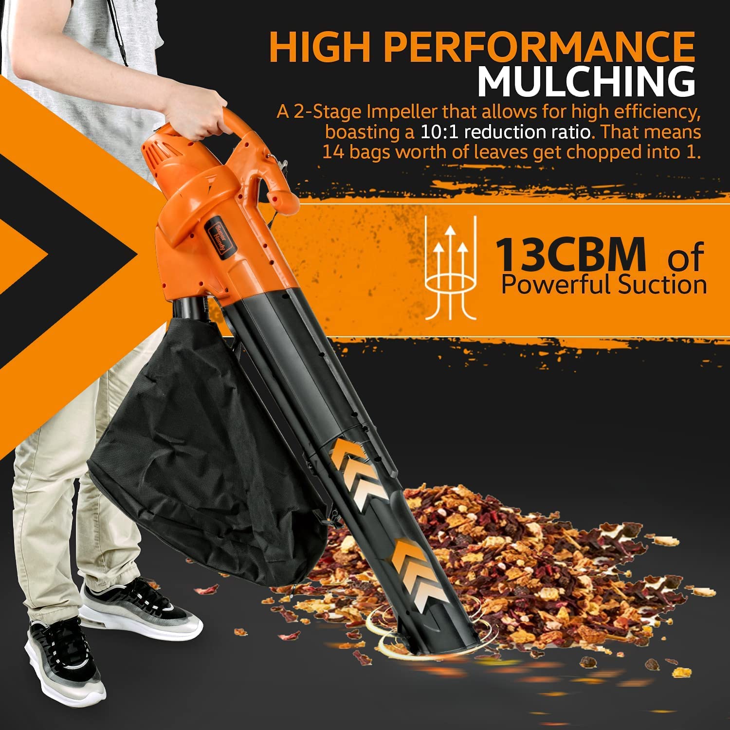 SuperHandy 3 in 1 Leaf Blower, Vacuum and Mulcher Electric 230V 12-Amp Corded Debris Duster 220MPH