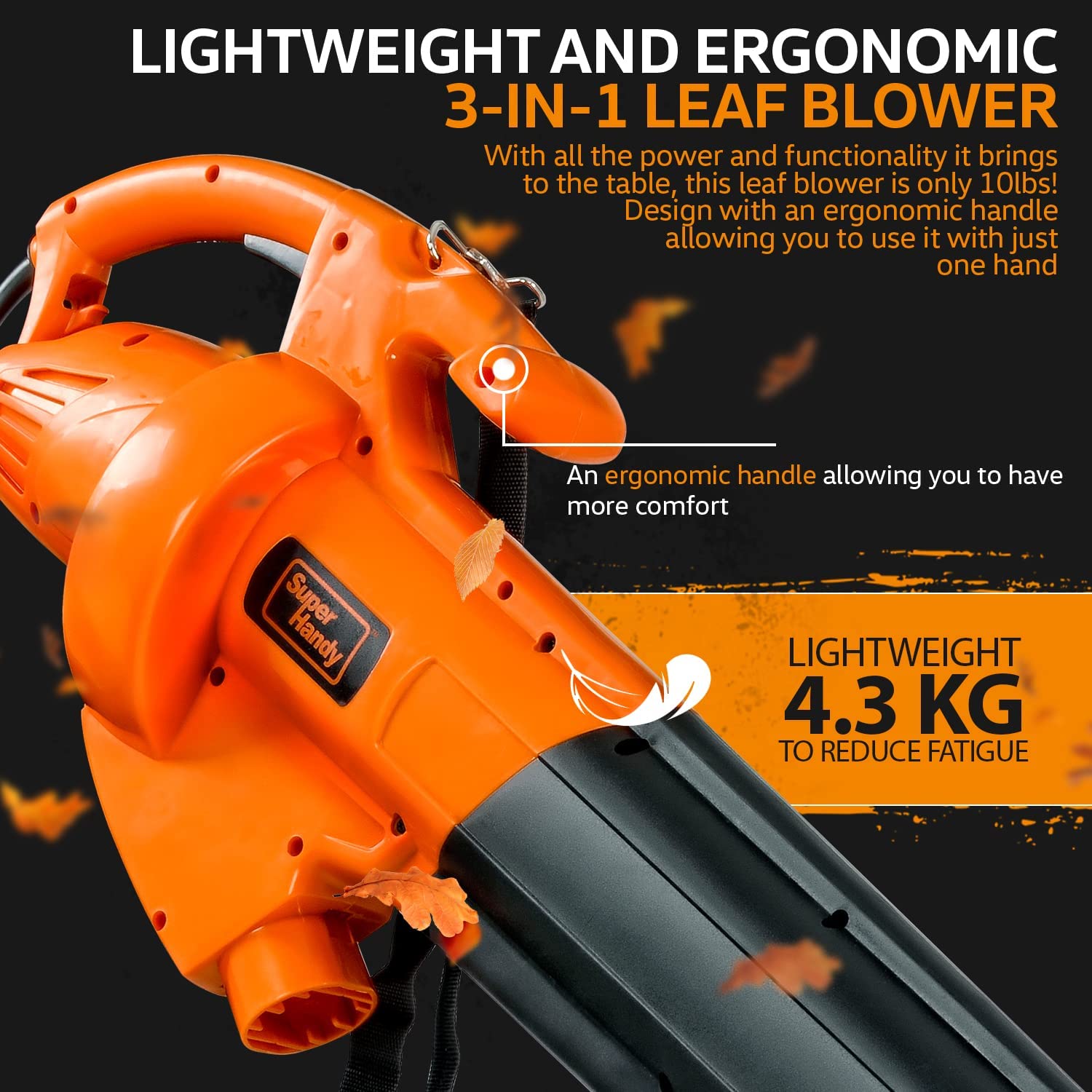 SuperHandy 3 in 1 Leaf Blower, Vacuum and Mulcher Electric 230V 12-Amp Corded Debris Duster 220MPH